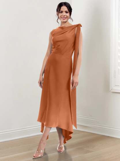 Asymmetrical Tea-Length Mother of the Bride Sheath Dress with Ruched Column Jewel Neck