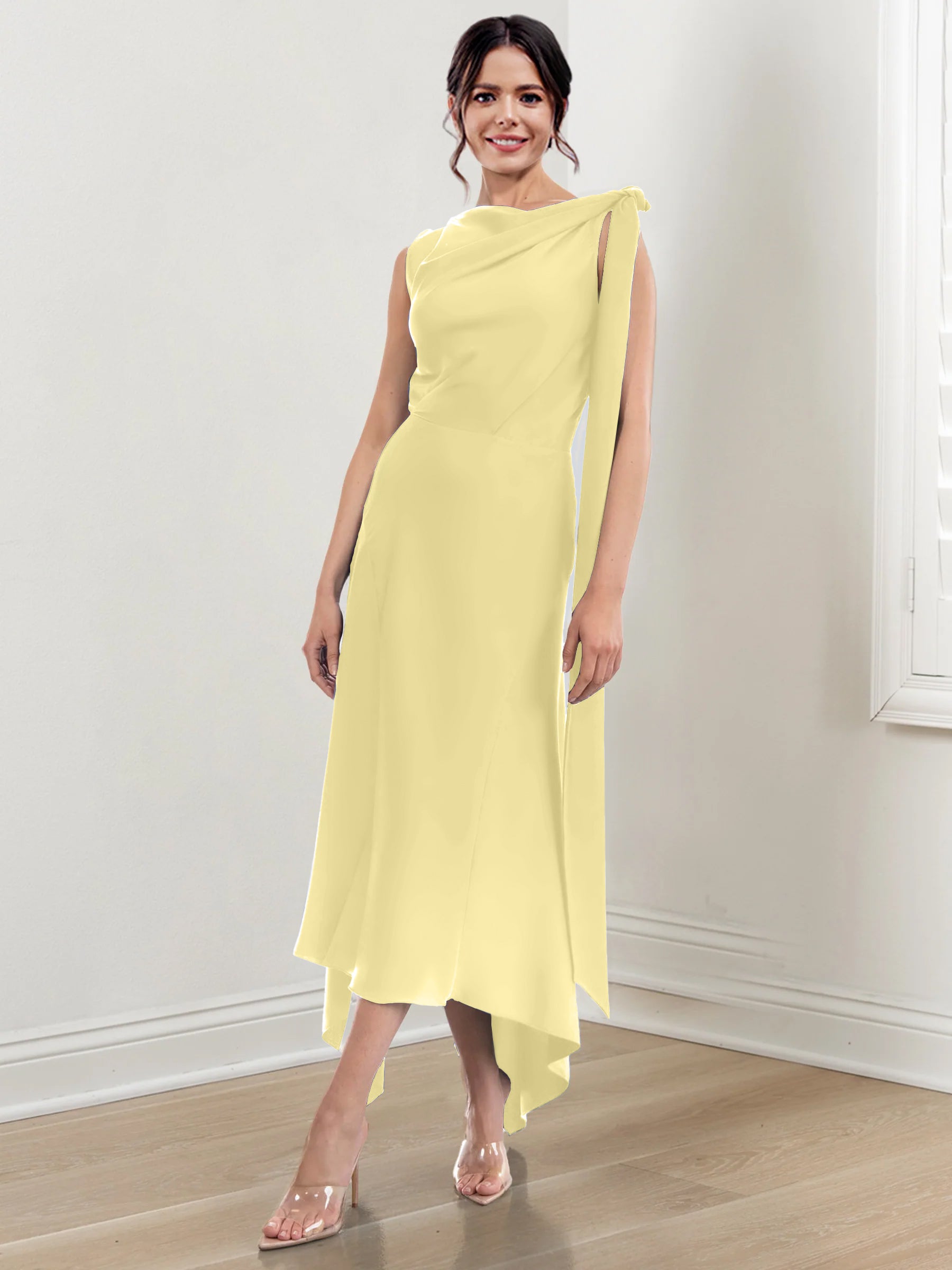 Asymmetrical Tea-Length Mother of the Bride Sheath Dress with Ruched Column Jewel Neck