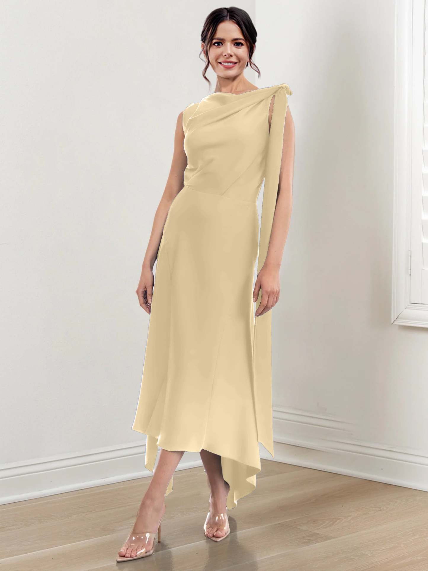 Asymmetrical Tea-Length Mother of the Bride Sheath Dress with Ruched Column Jewel Neck