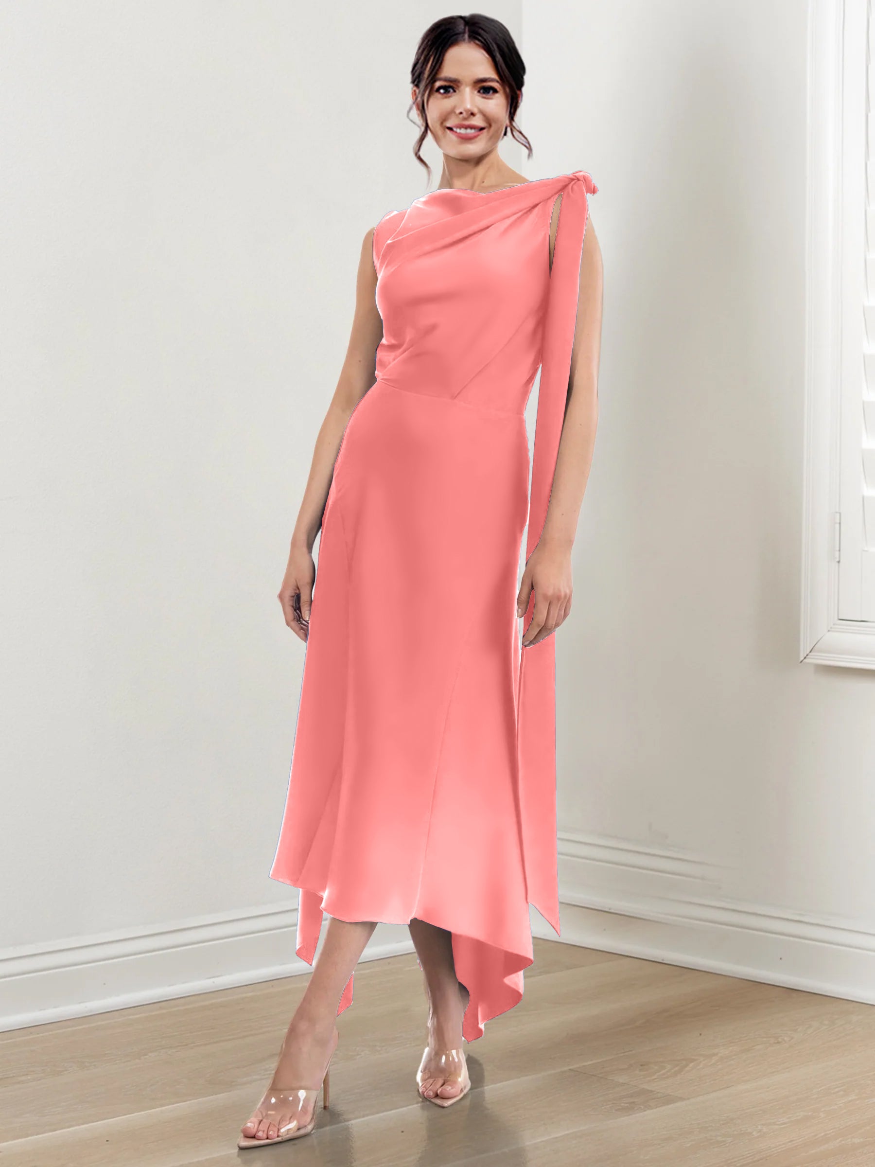 Asymmetrical Tea-Length Mother of the Bride Sheath Dress with Ruched Column Jewel Neck