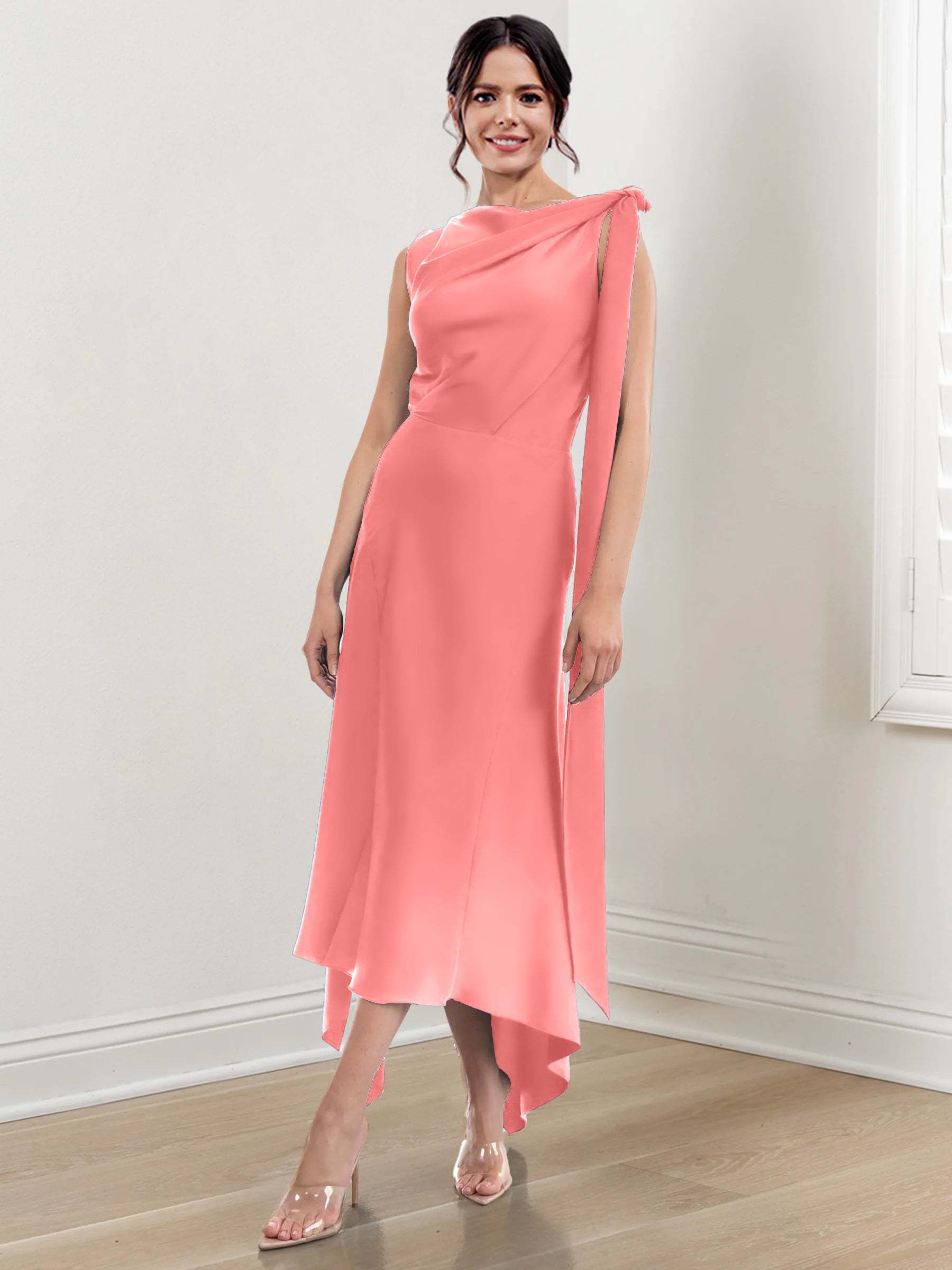 Asymmetrical Tea-Length Mother of the Bride Sheath Dress with Ruched Column Jewel Neck