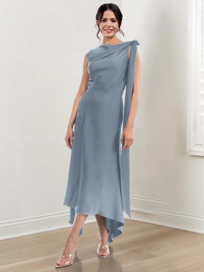 Asymmetrical Tea-Length Mother of the Bride Sheath Dress with Ruched Column Jewel Neck
