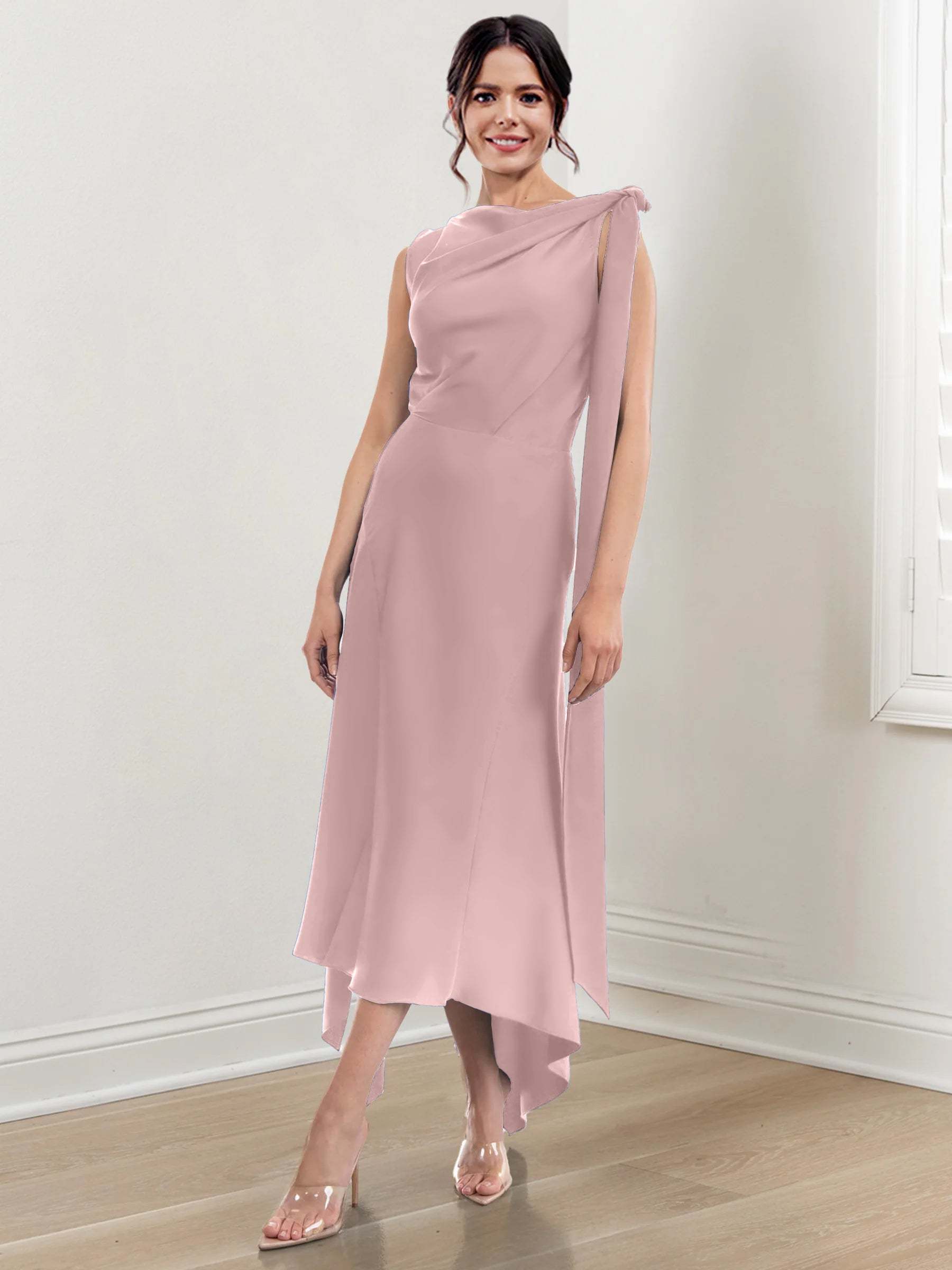 Asymmetrical Tea-Length Mother of the Bride Sheath Dress with Ruched Column Jewel Neck