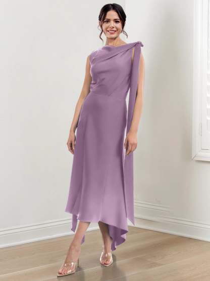Asymmetrical Tea-Length Mother of the Bride Sheath Dress with Ruched Column Jewel Neck