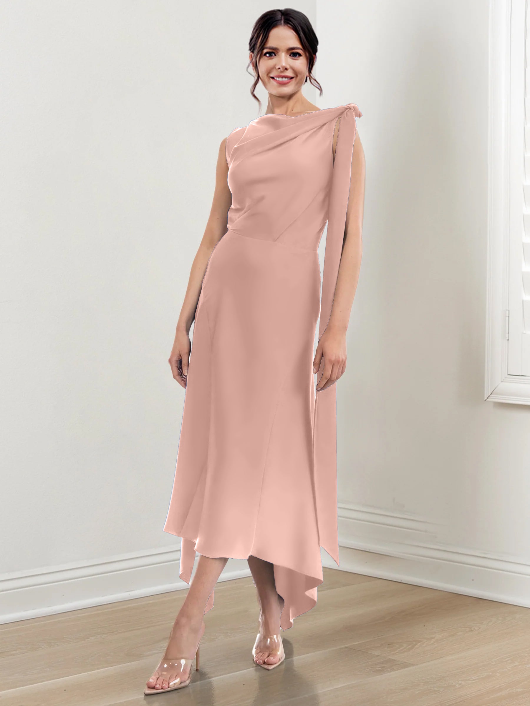 Asymmetrical Tea-Length Mother of the Bride Sheath Dress with Ruched Column Jewel Neck