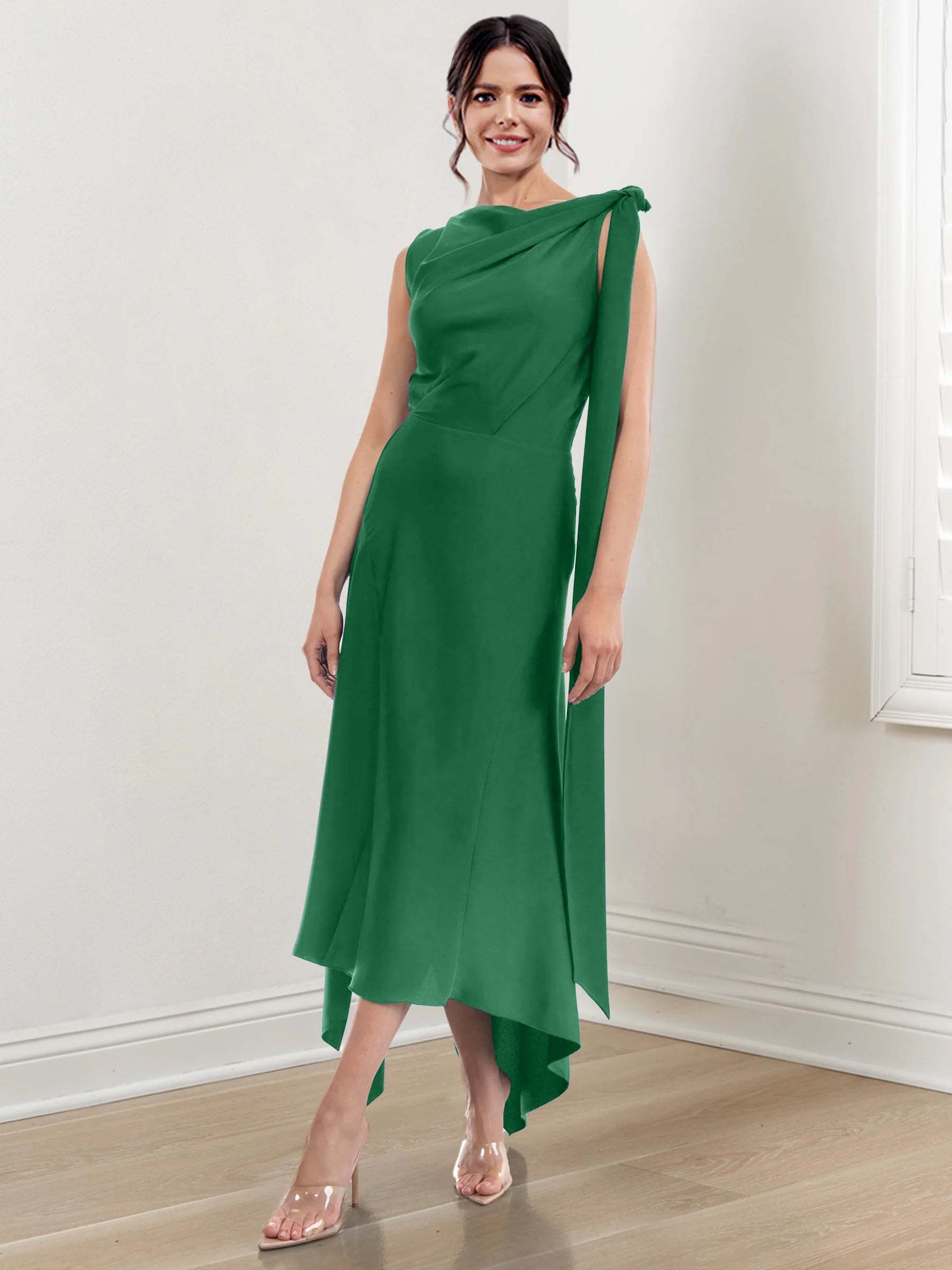Asymmetrical Tea-Length Mother of the Bride Sheath Dress with Ruched Column Jewel Neck