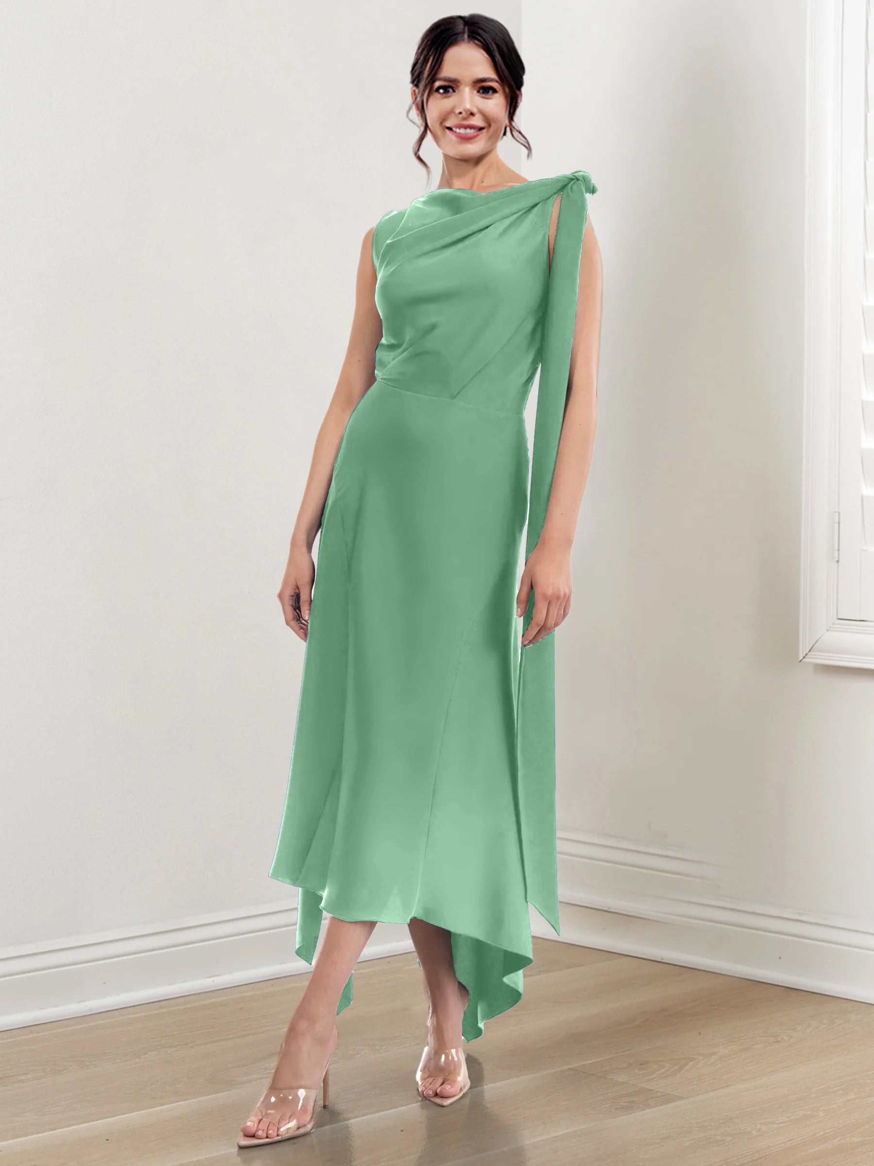 Asymmetrical Tea-Length Mother of the Bride Sheath Dress with Ruched Column Jewel Neck