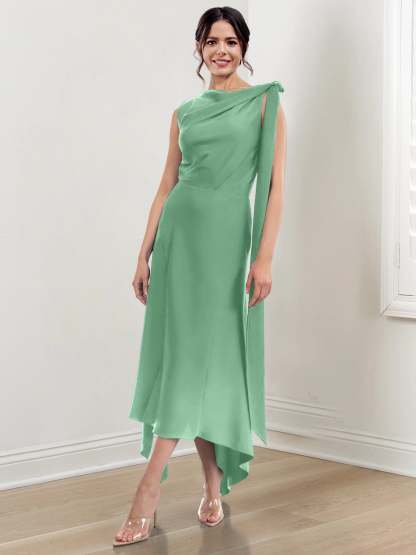 Asymmetrical Tea-Length Mother of the Bride Sheath Dress with Ruched Column Jewel Neck