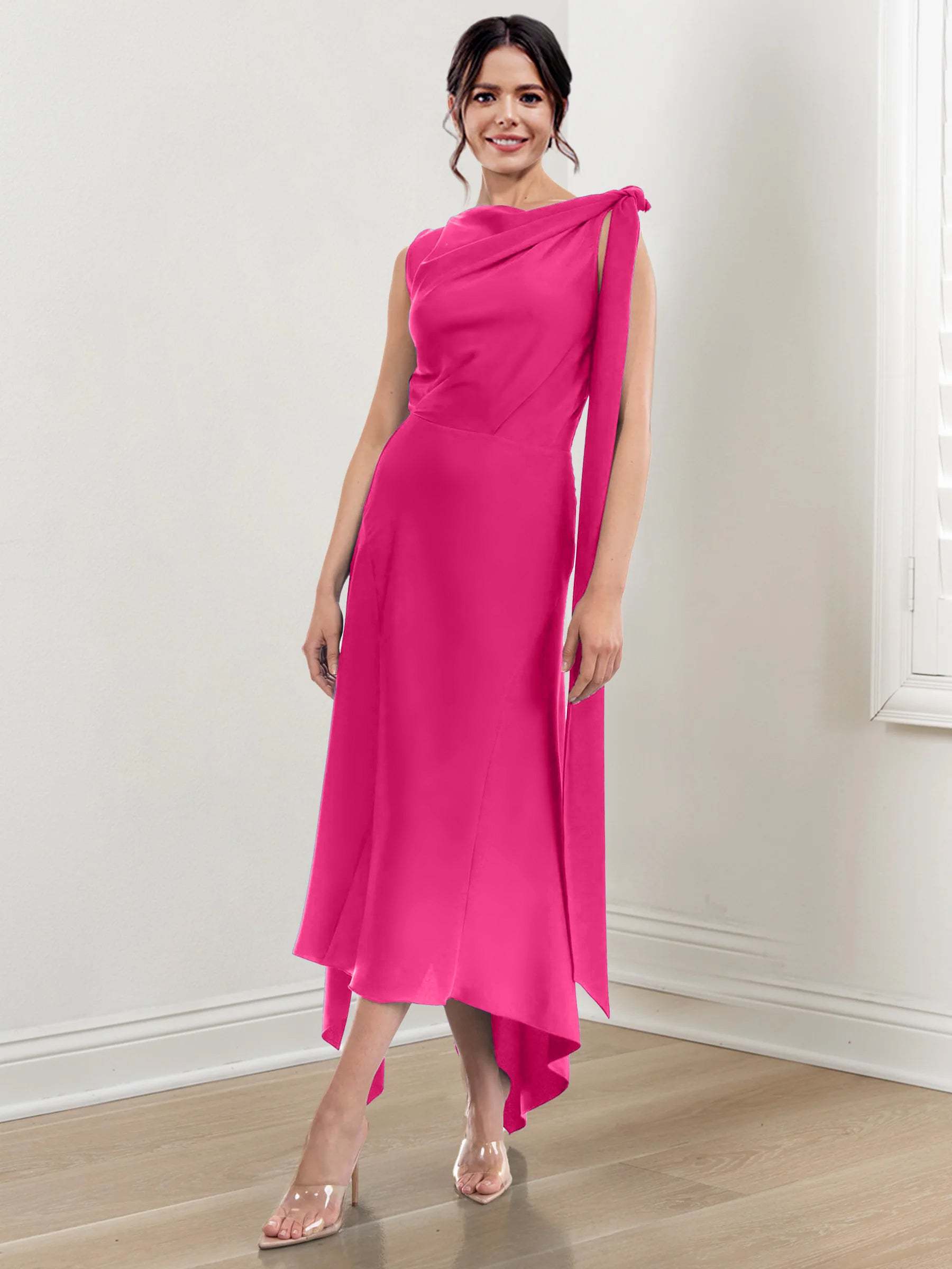 Asymmetrical Tea-Length Mother of the Bride Sheath Dress with Ruched Column Jewel Neck