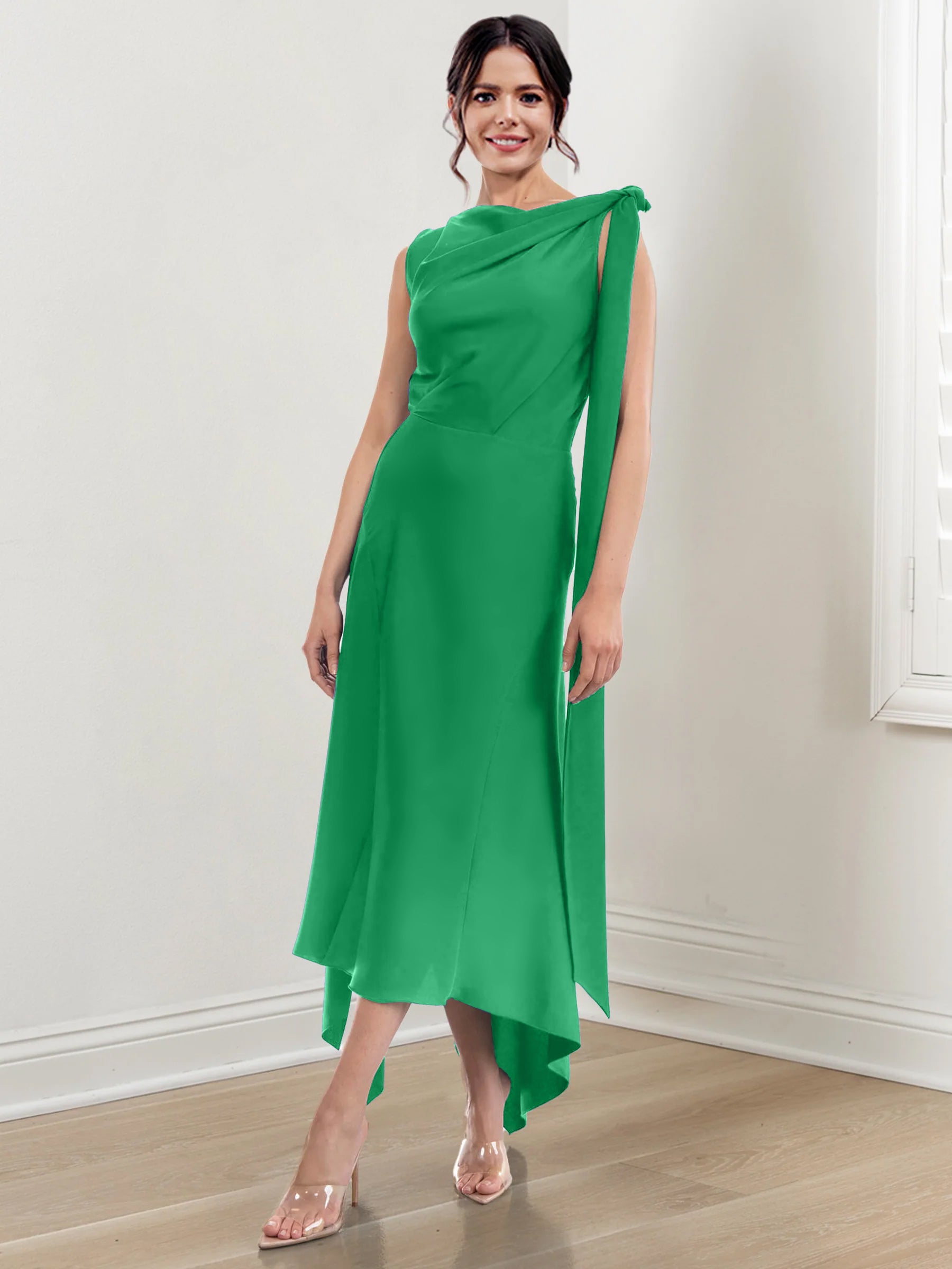 Asymmetrical Tea-Length Mother of the Bride Sheath Dress with Ruched Column Jewel Neck