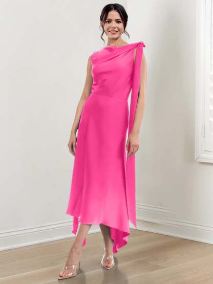 Asymmetrical Tea-Length Mother of the Bride Sheath Dress with Ruched Column Jewel Neck