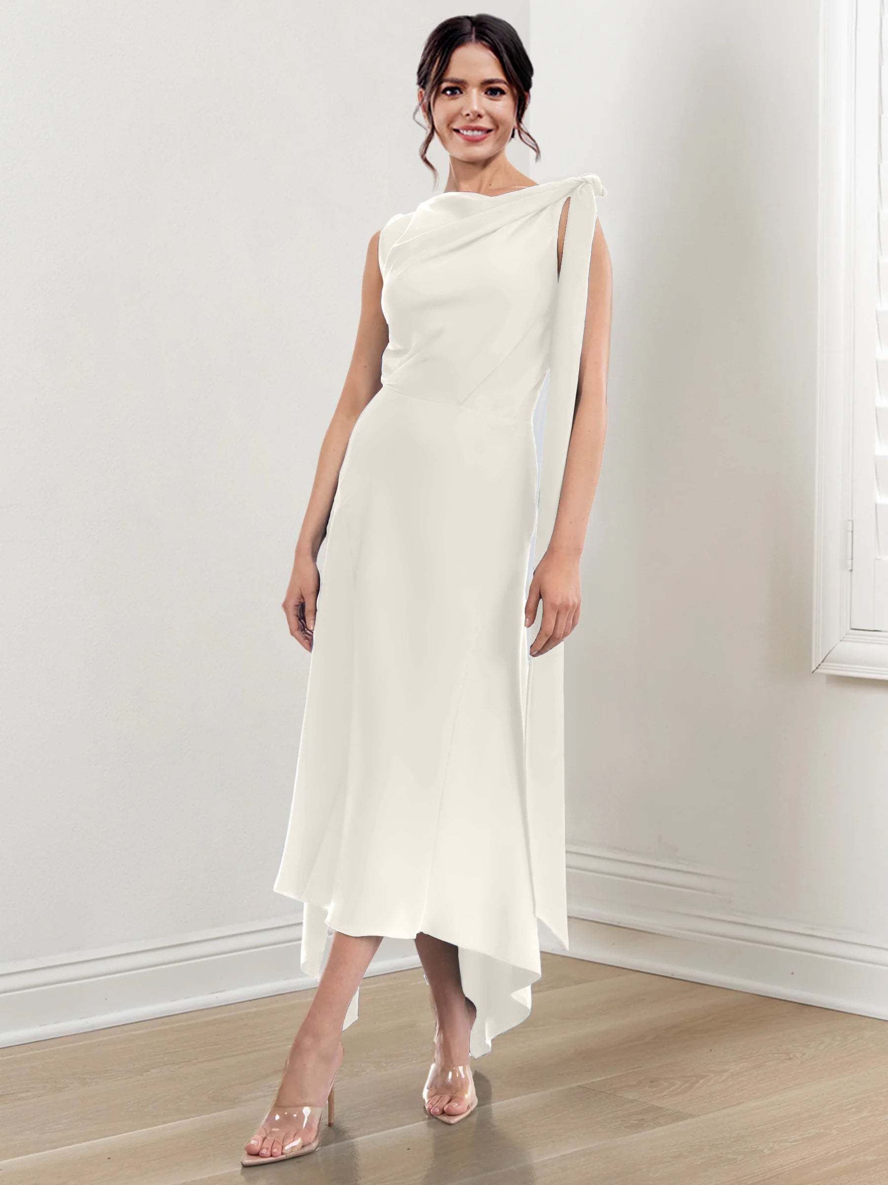 Asymmetrical Tea-Length Mother of the Bride Sheath Dress with Ruched Column Jewel Neck