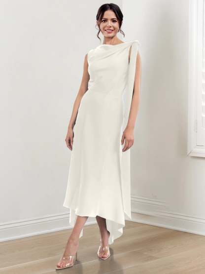 Asymmetrical Tea-Length Mother of the Bride Sheath Dress with Ruched Column Jewel Neck