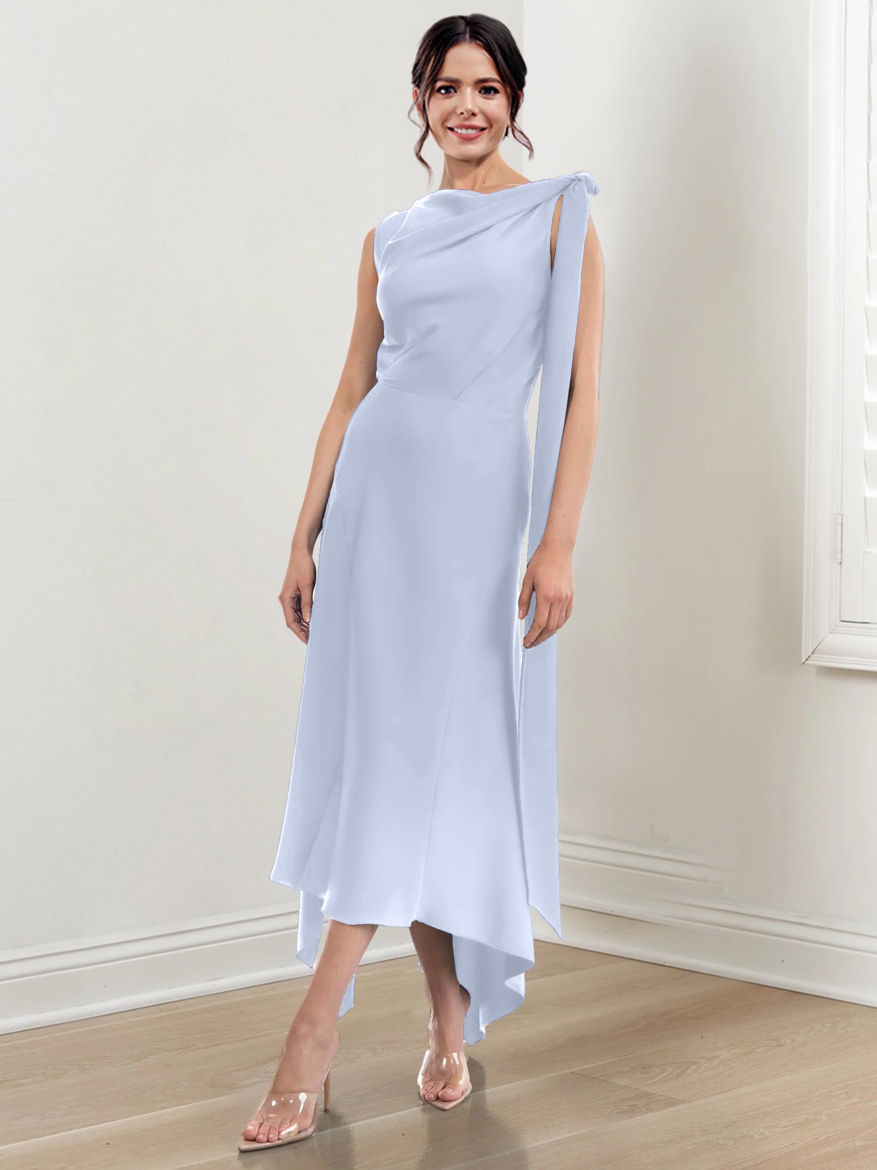 Asymmetrical Tea-Length Mother of the Bride Sheath Dress with Ruched Column Jewel Neck