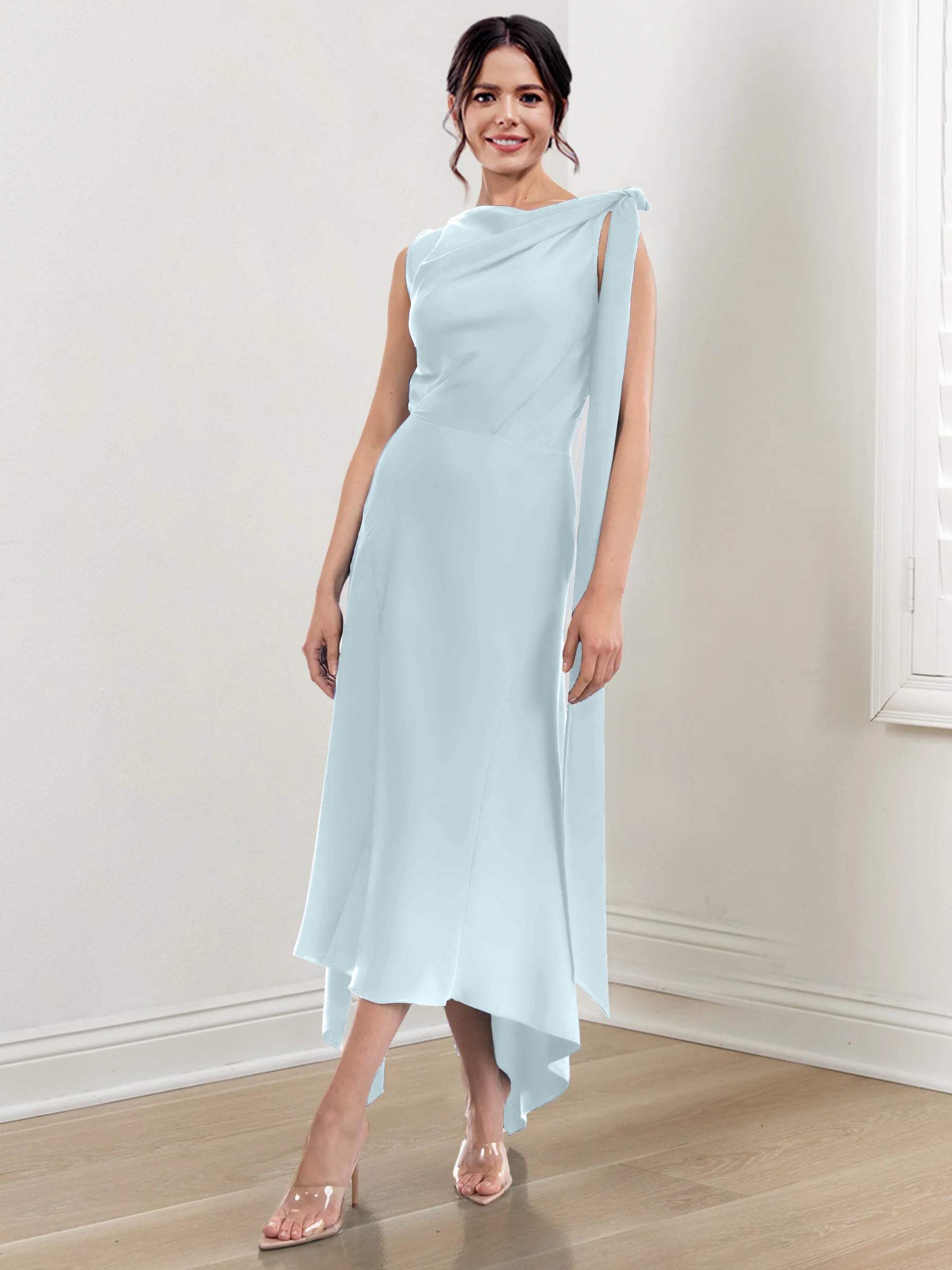 Asymmetrical Tea-Length Mother of the Bride Sheath Dress with Ruched Column Jewel Neck