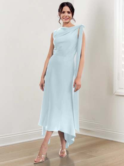 Asymmetrical Tea-Length Mother of the Bride Sheath Dress with Ruched Column Jewel Neck