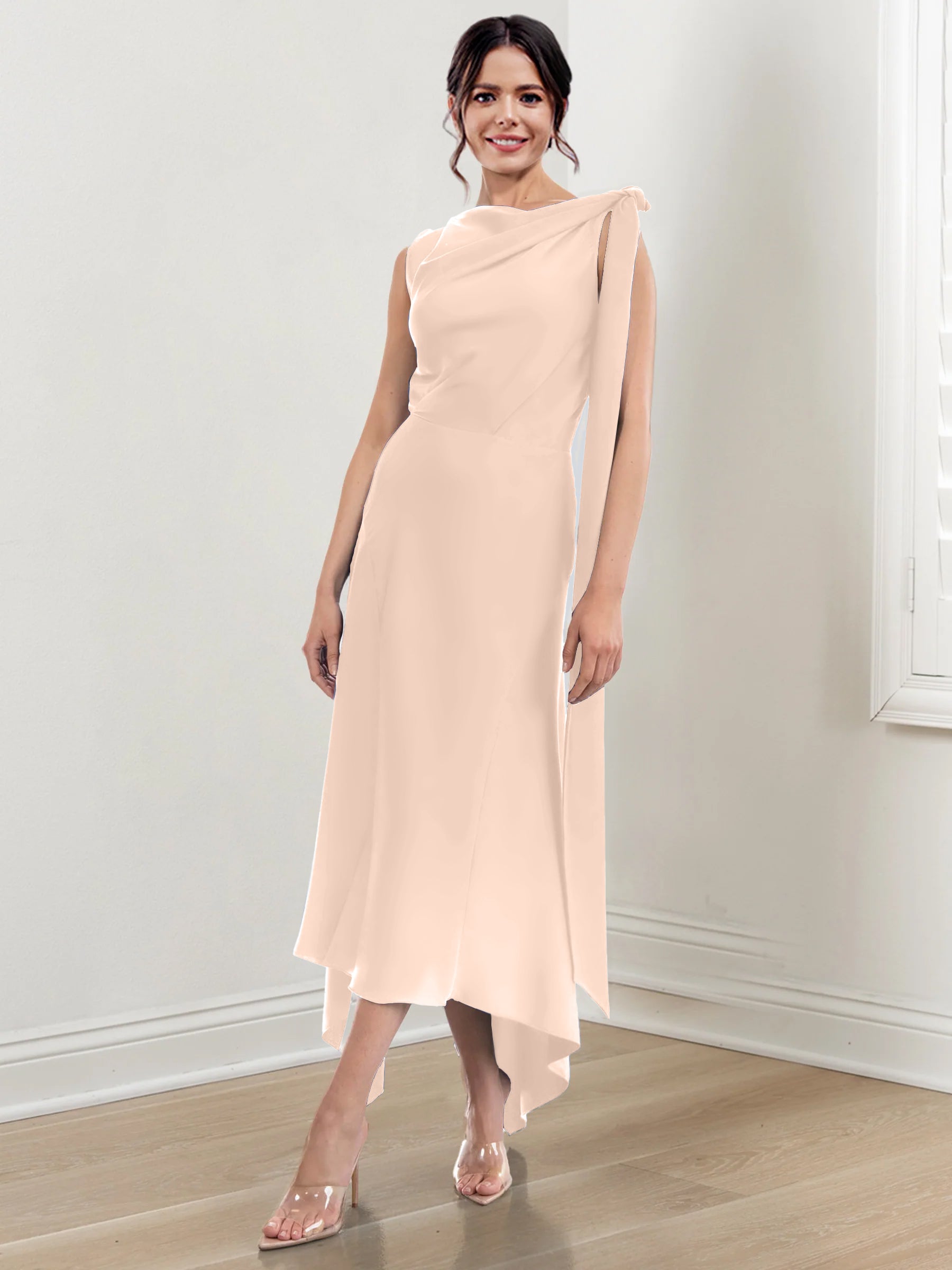 Asymmetrical Tea-Length Mother of the Bride Sheath Dress with Ruched Column Jewel Neck