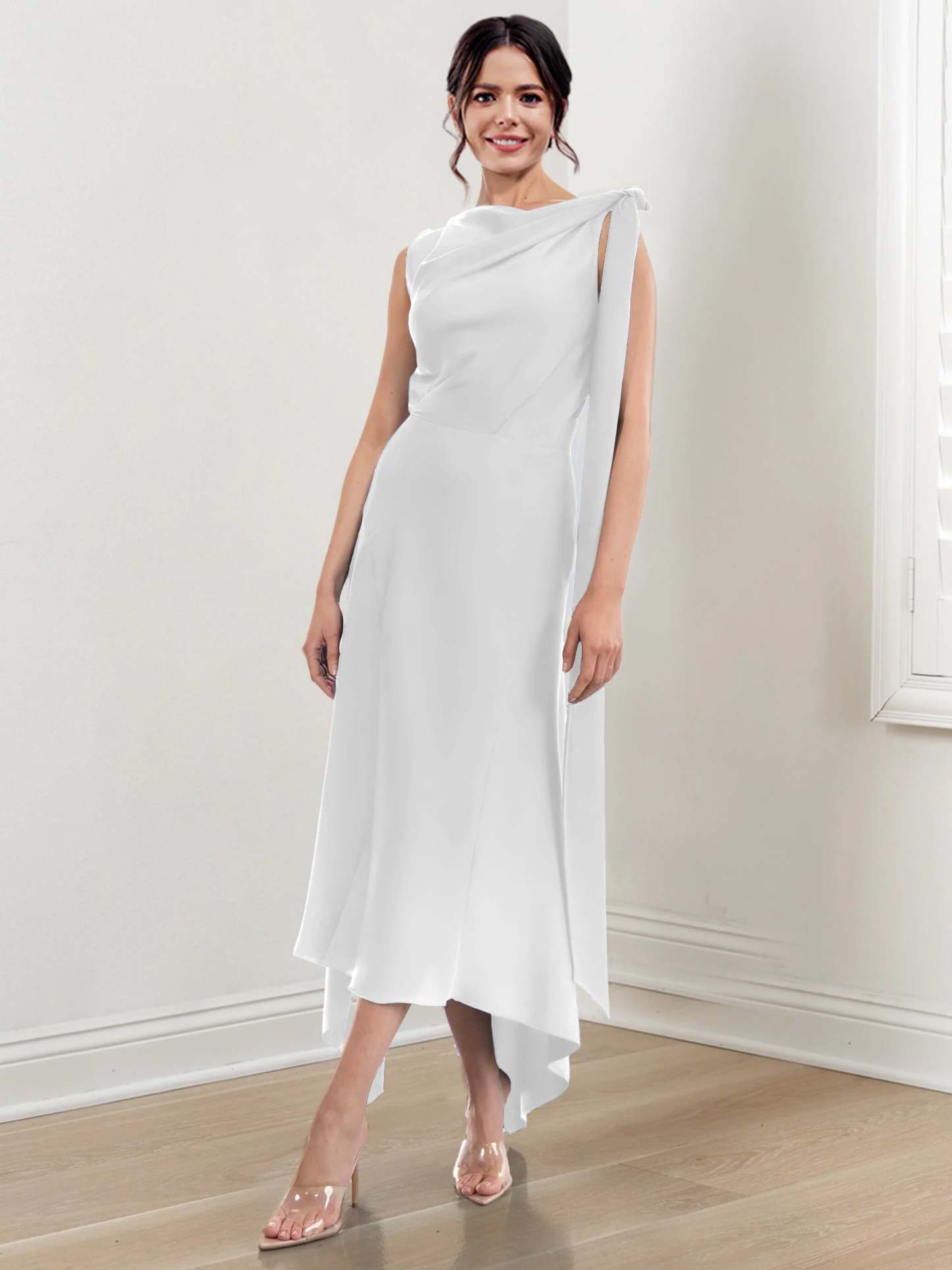 Asymmetrical Tea-Length Mother of the Bride Sheath Dress with Ruched Column Jewel Neck
