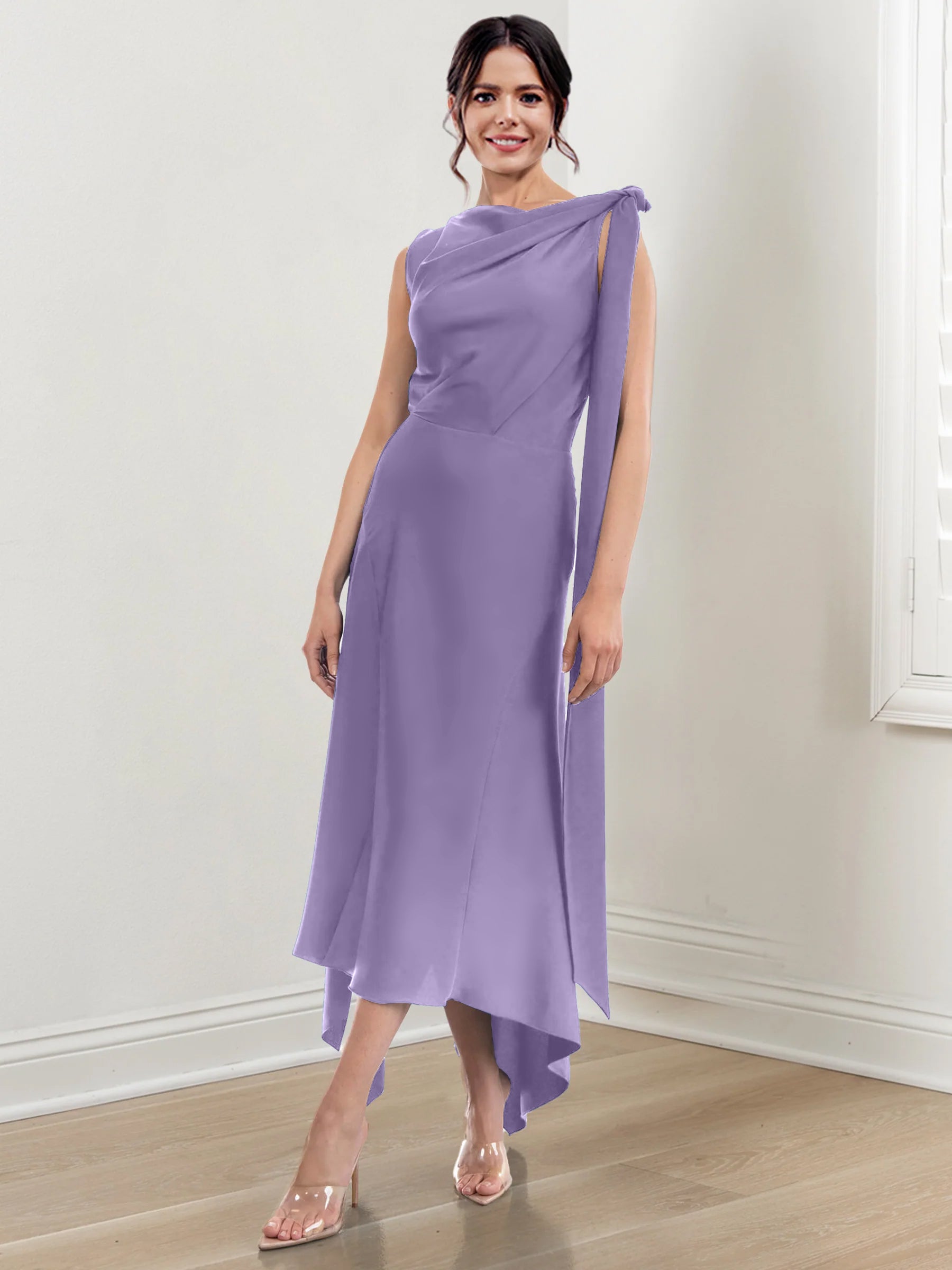 Asymmetrical Tea-Length Mother of the Bride Sheath Dress with Ruched Column Jewel Neck