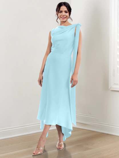 Asymmetrical Tea-Length Mother of the Bride Sheath Dress with Ruched Column Jewel Neck
