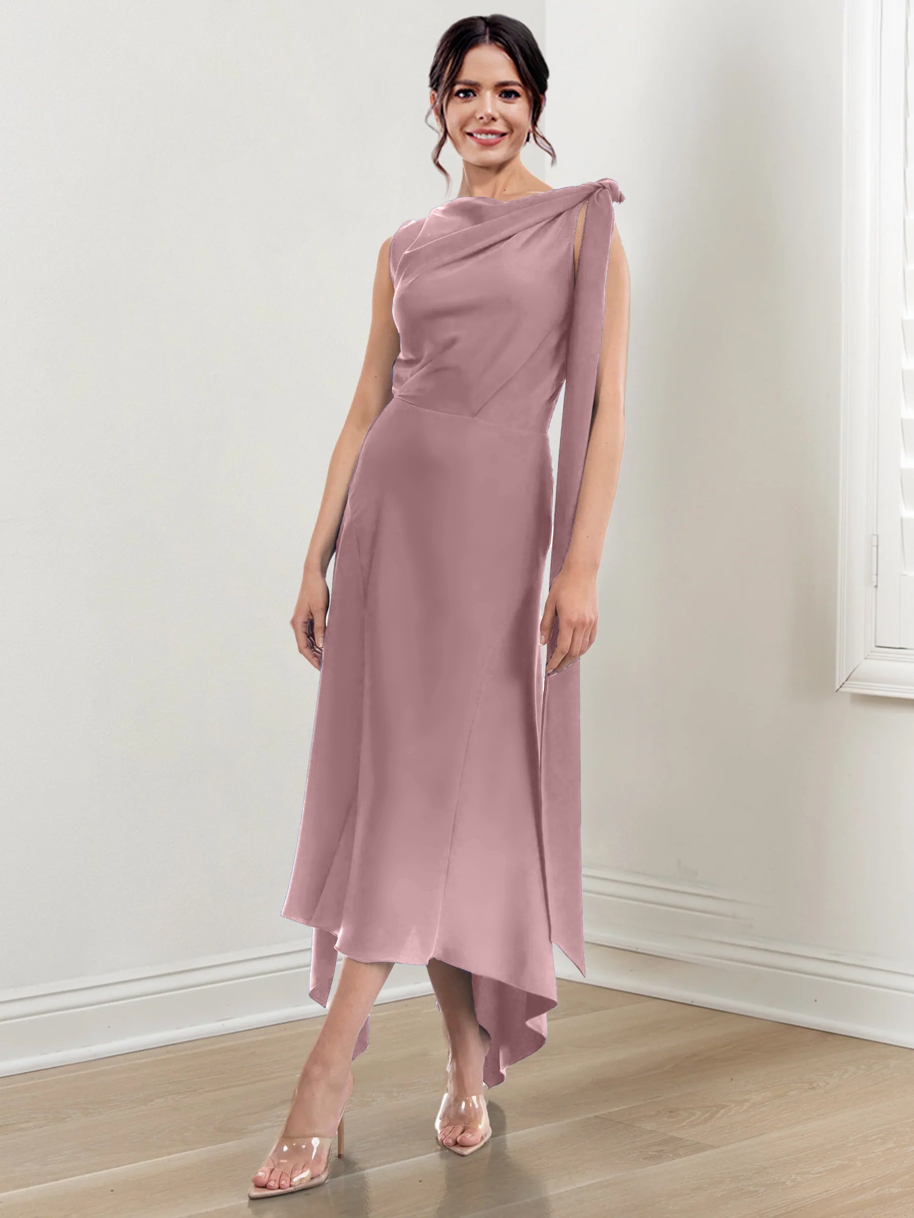 Asymmetrical Tea-Length Mother of the Bride Sheath Dress with Ruched Column Jewel Neck