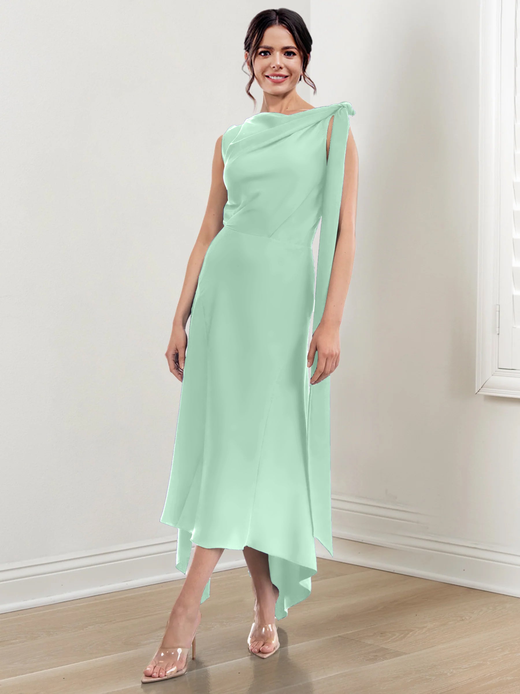 Asymmetrical Tea-Length Mother of the Bride Sheath Dress with Ruched Column Jewel Neck