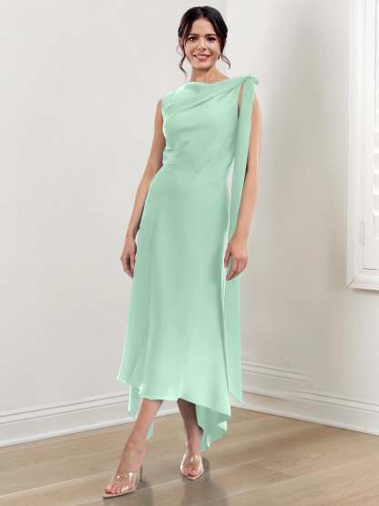 Asymmetrical Tea-Length Mother of the Bride Sheath Dress with Ruched Column Jewel Neck