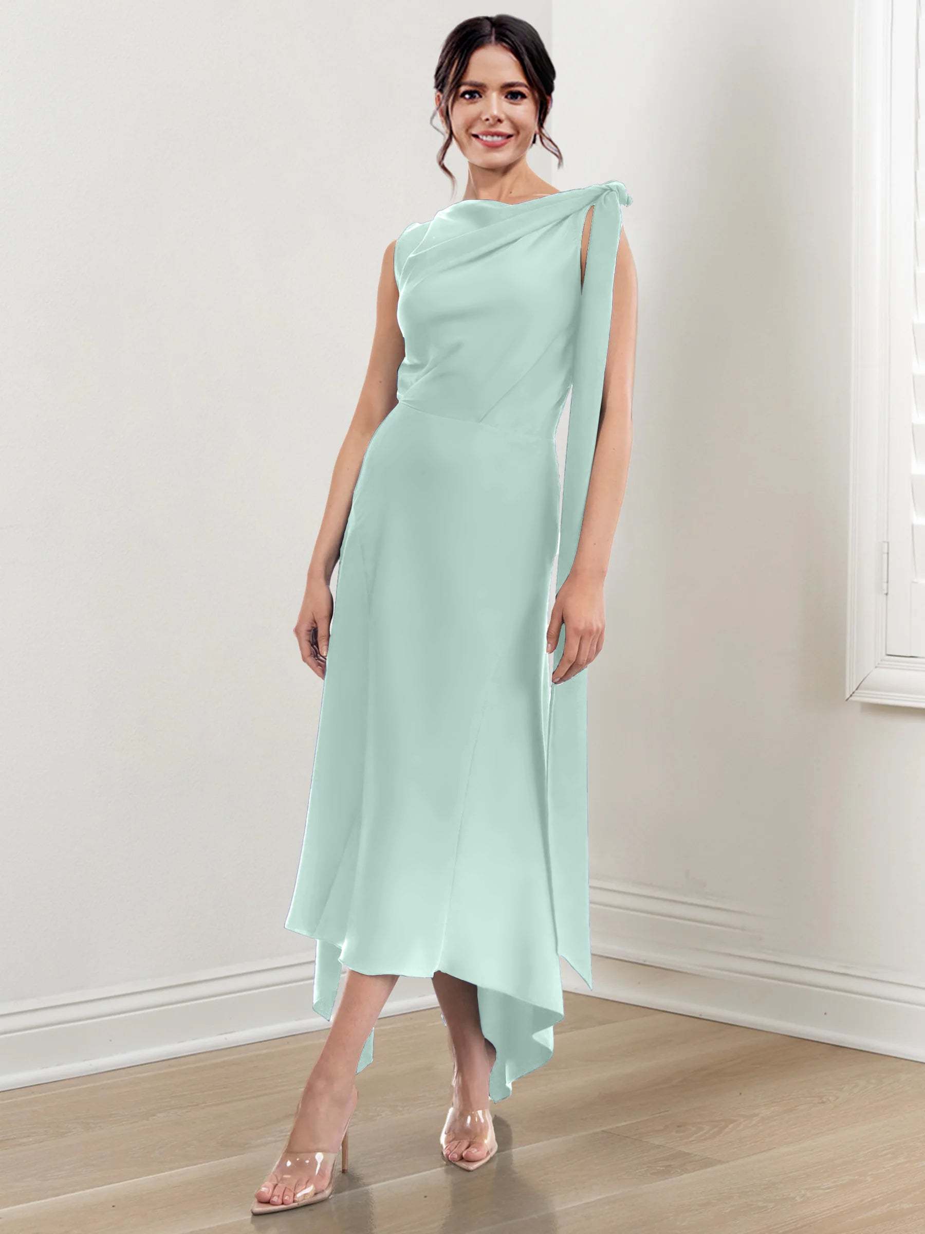 Asymmetrical Tea-Length Mother of the Bride Sheath Dress with Ruched Column Jewel Neck