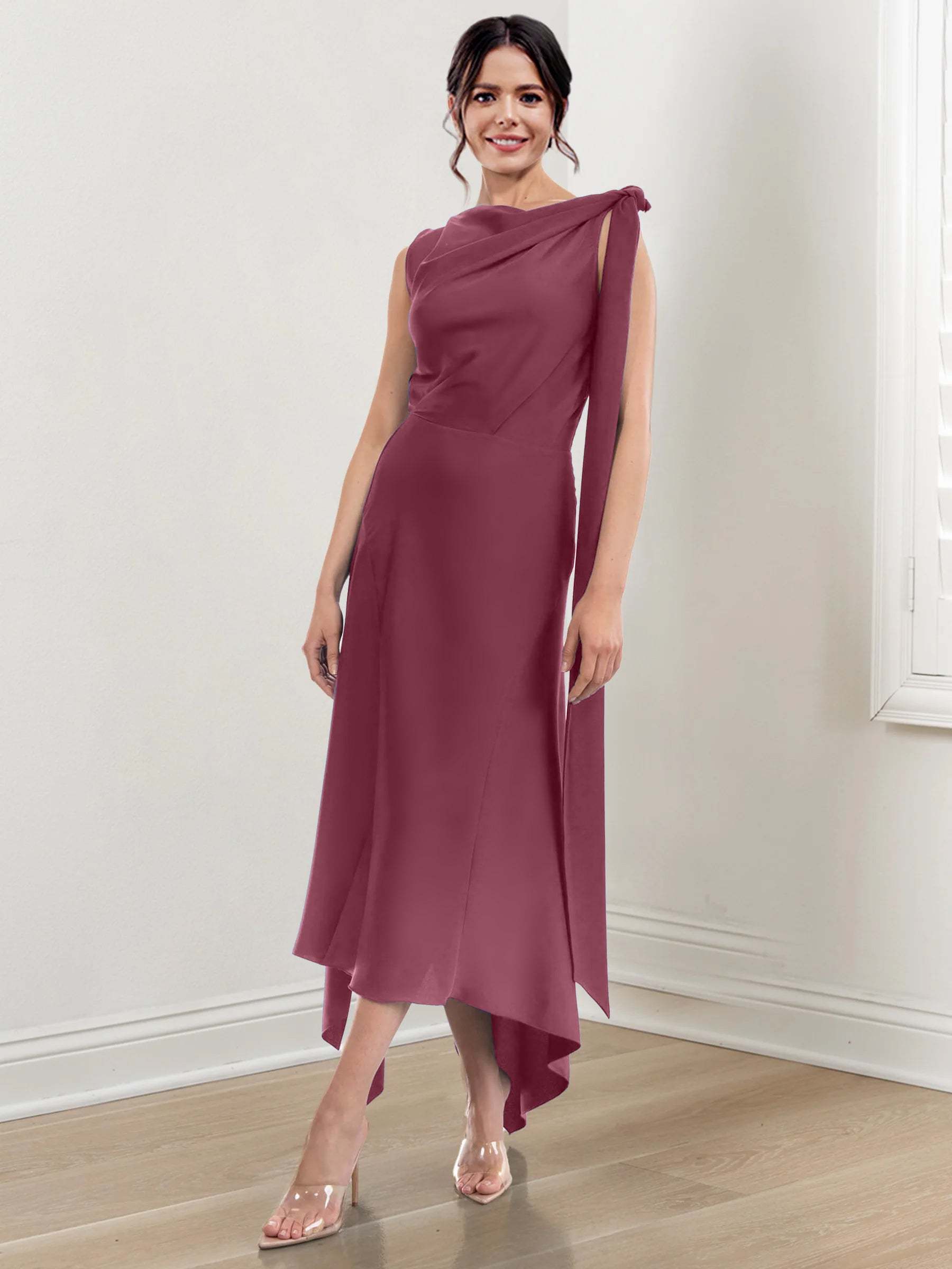 Asymmetrical Tea-Length Mother of the Bride Sheath Dress with Ruched Column Jewel Neck
