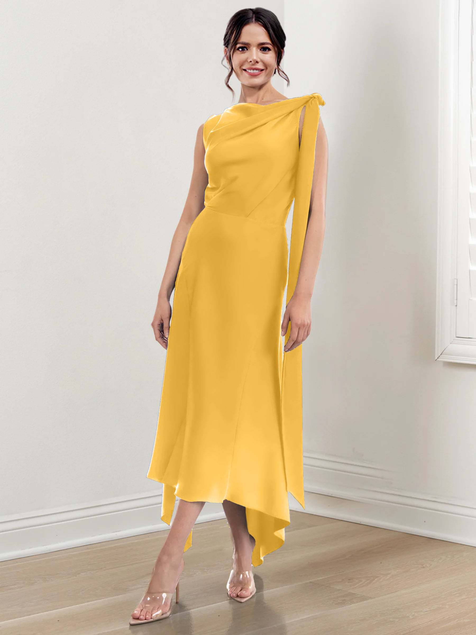 Asymmetrical Tea-Length Mother of the Bride Sheath Dress with Ruched Column Jewel Neck