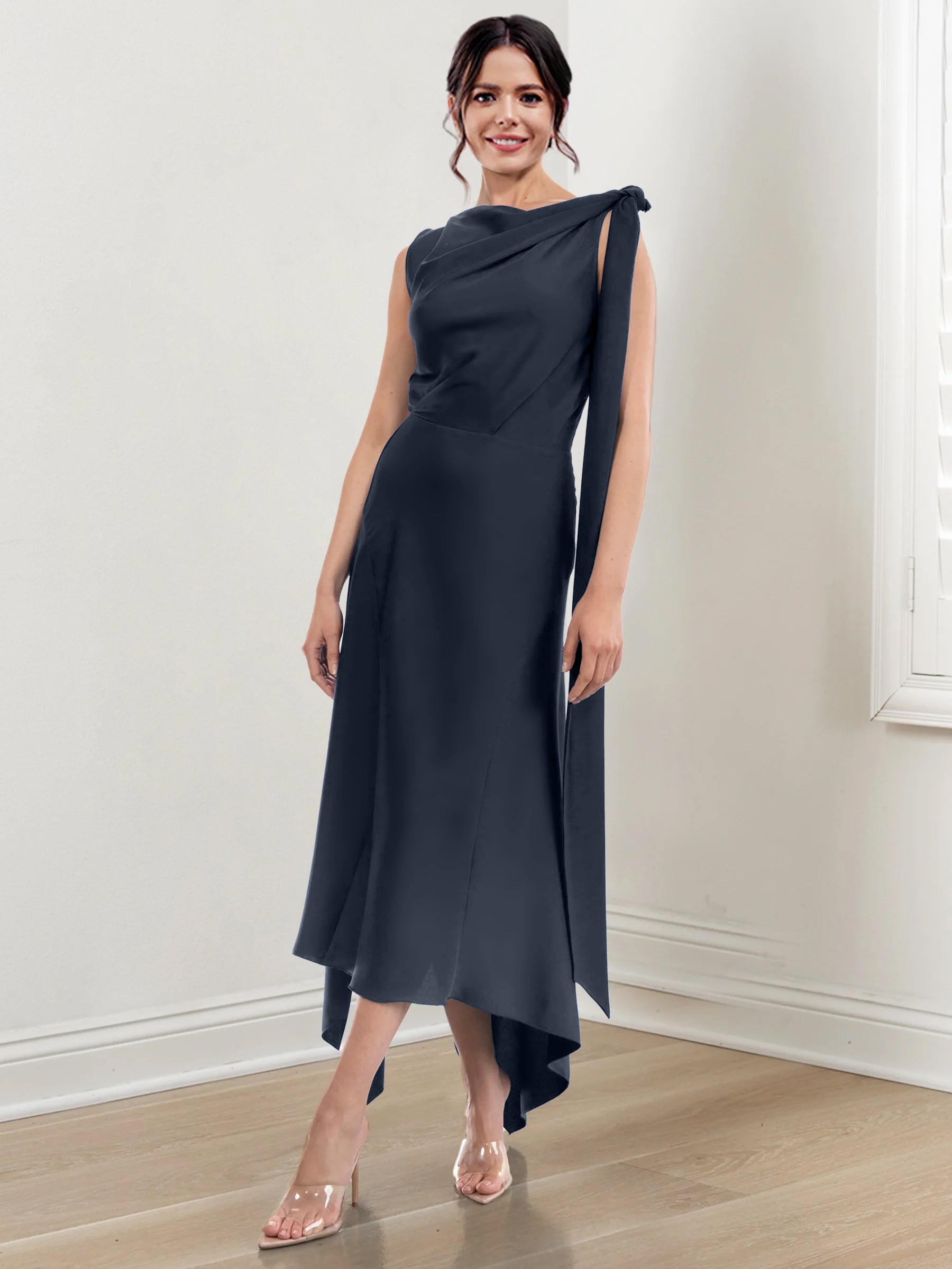 Asymmetrical Tea-Length Mother of the Bride Sheath Dress with Ruched Column Jewel Neck