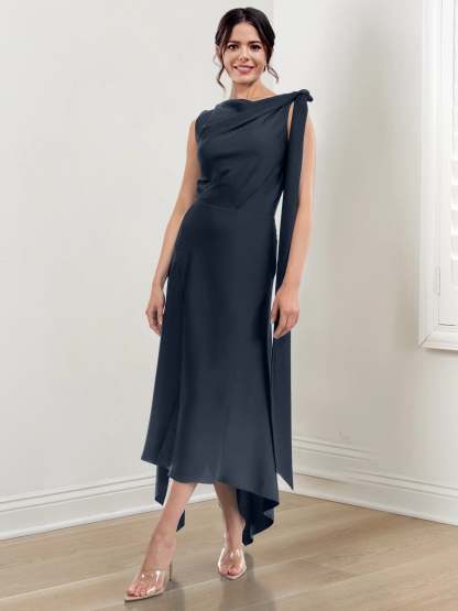Asymmetrical Tea-Length Mother of the Bride Sheath Dress with Ruched Column Jewel Neck