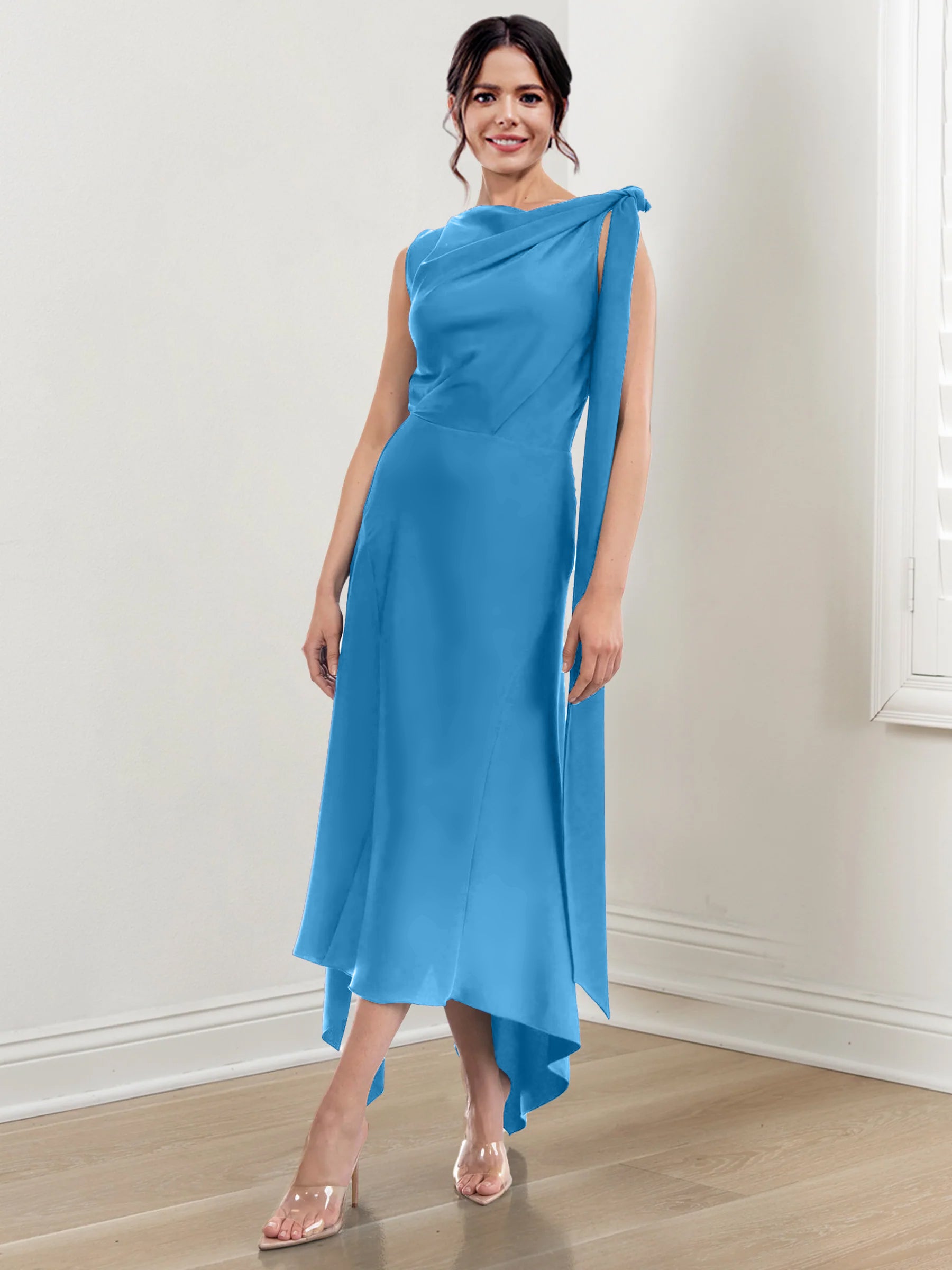 Asymmetrical Tea-Length Mother of the Bride Sheath Dress with Ruched Column Jewel Neck