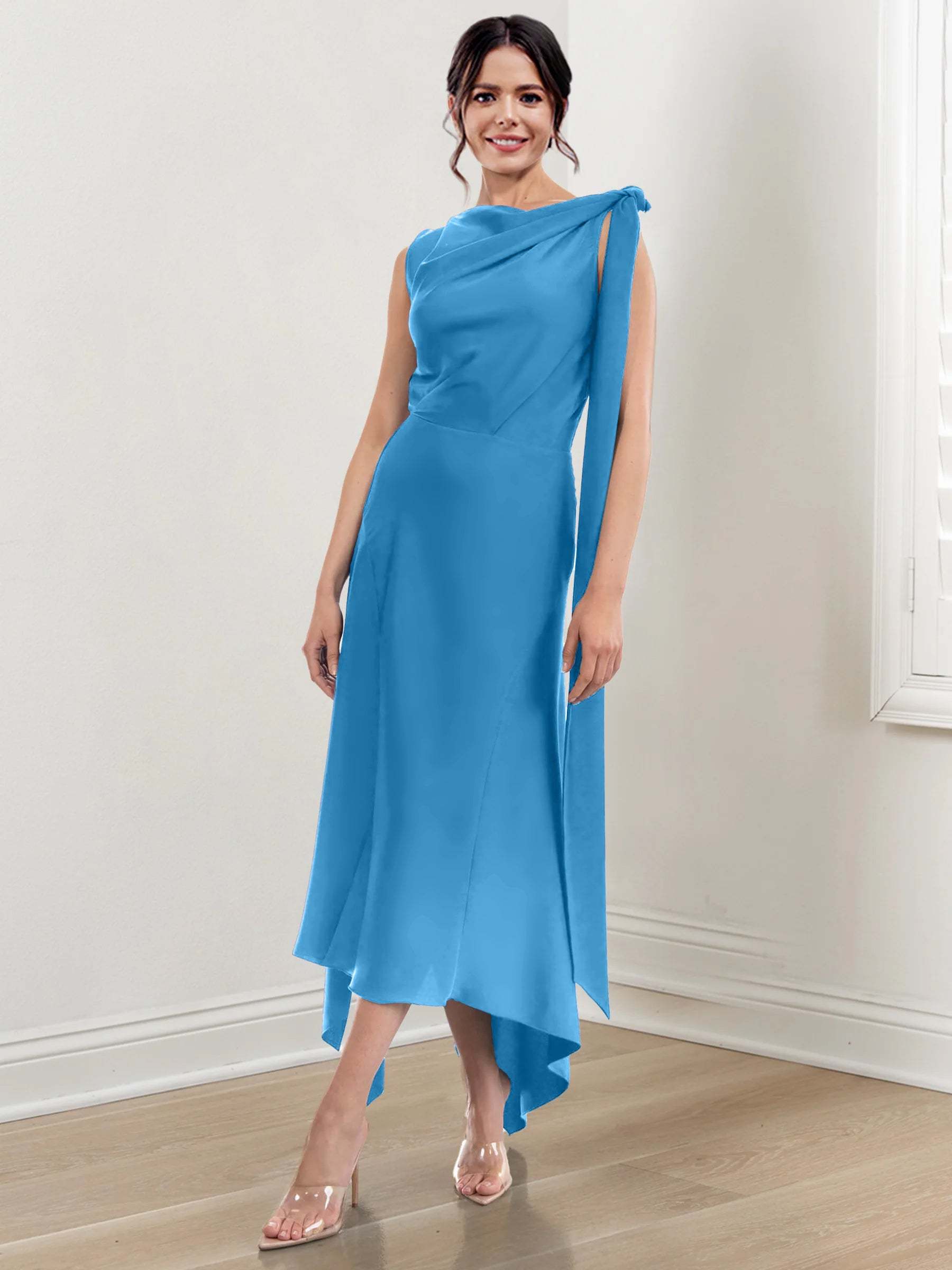 Asymmetrical Tea-Length Mother of the Bride Sheath Dress with Ruched Column Jewel Neck