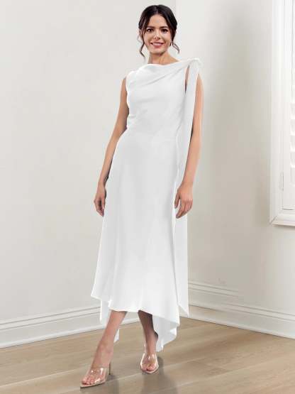 Asymmetrical Tea-Length Mother of the Bride Sheath Dress with Ruched Column Jewel Neck