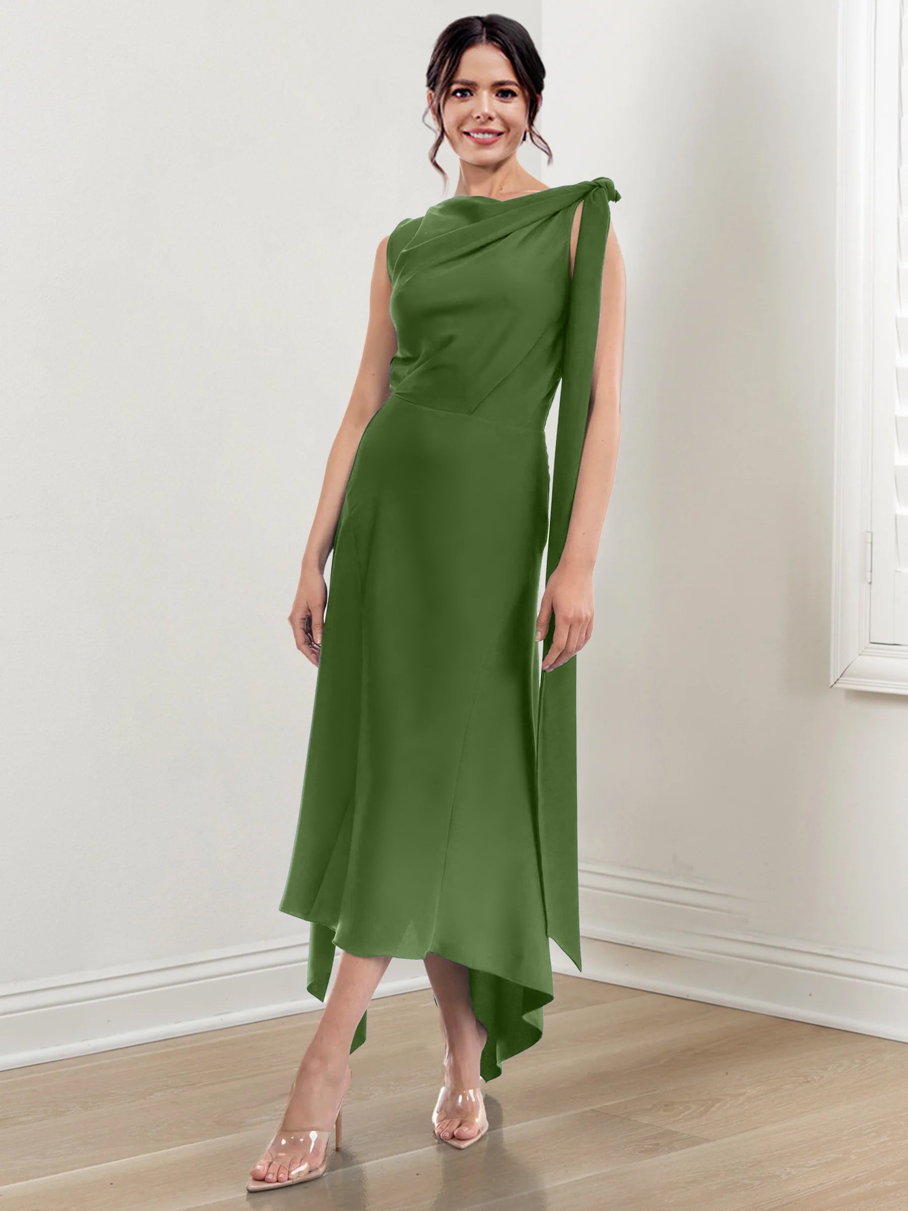 Asymmetrical Tea-Length Mother of the Bride Sheath Dress with Ruched Column Jewel Neck