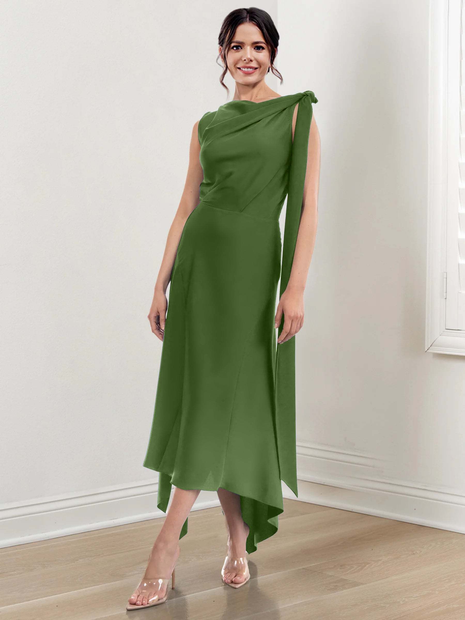 Asymmetrical Tea-Length Mother of the Bride Sheath Dress with Ruched Column Jewel Neck