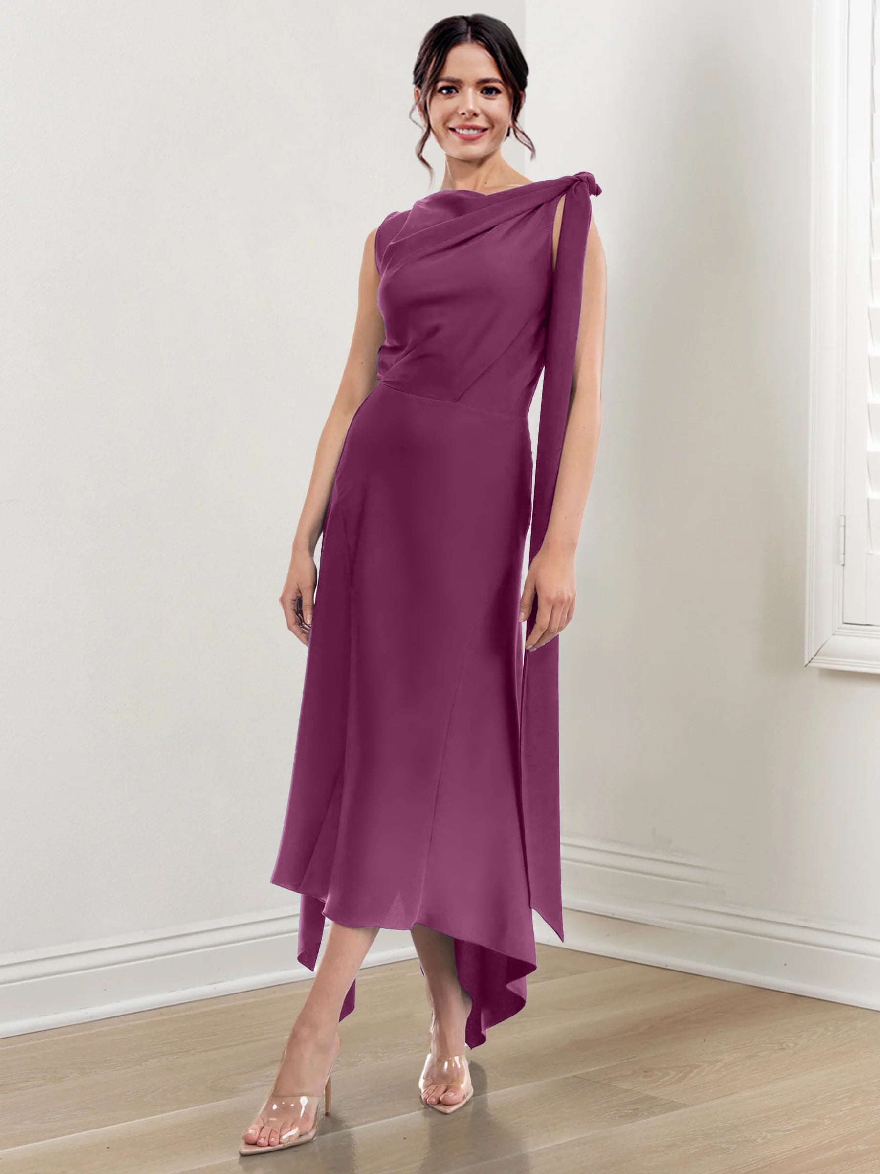 Asymmetrical Tea-Length Mother of the Bride Sheath Dress with Ruched Column Jewel Neck