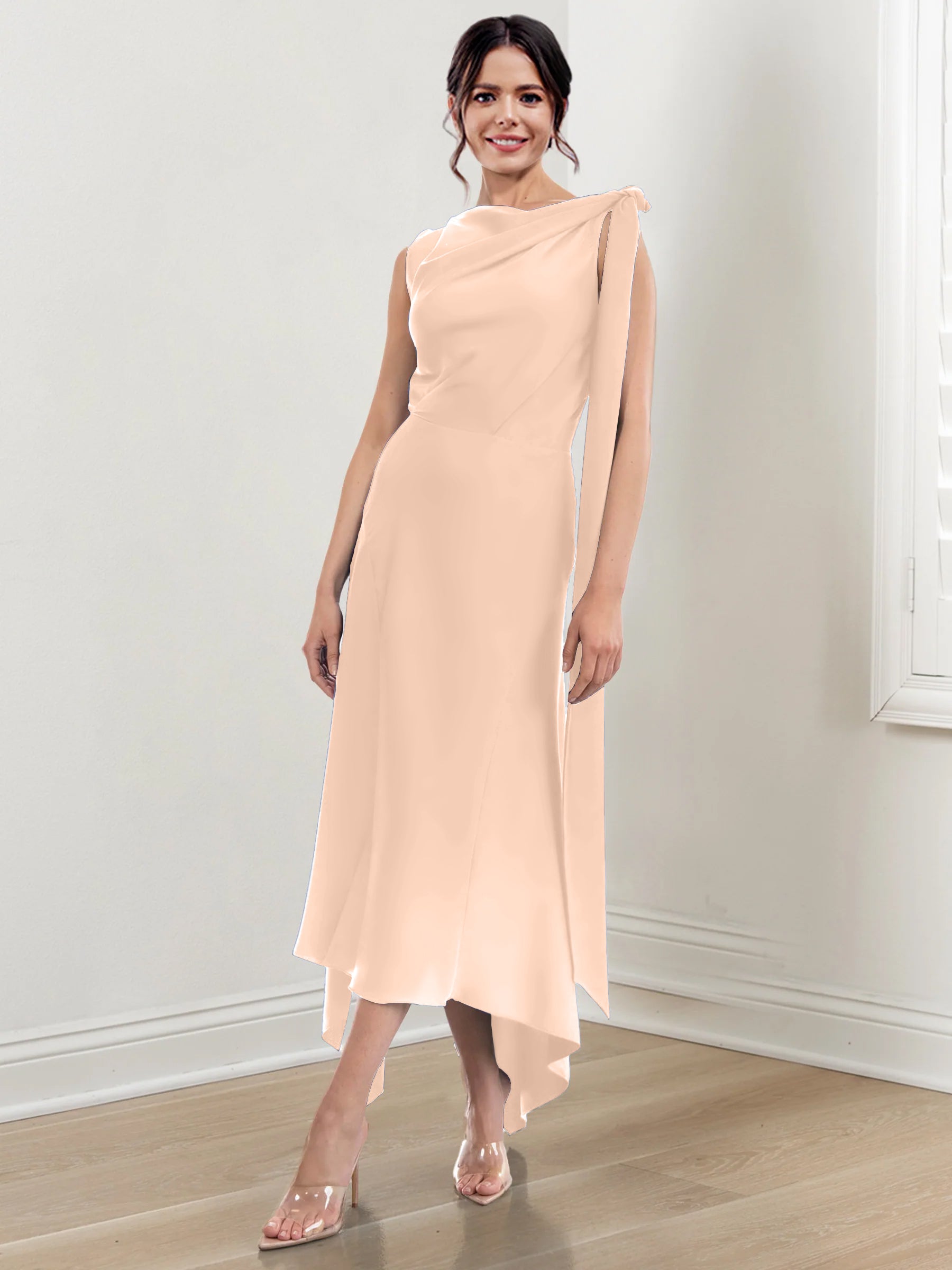 Asymmetrical Tea-Length Mother of the Bride Sheath Dress with Ruched Column Jewel Neck