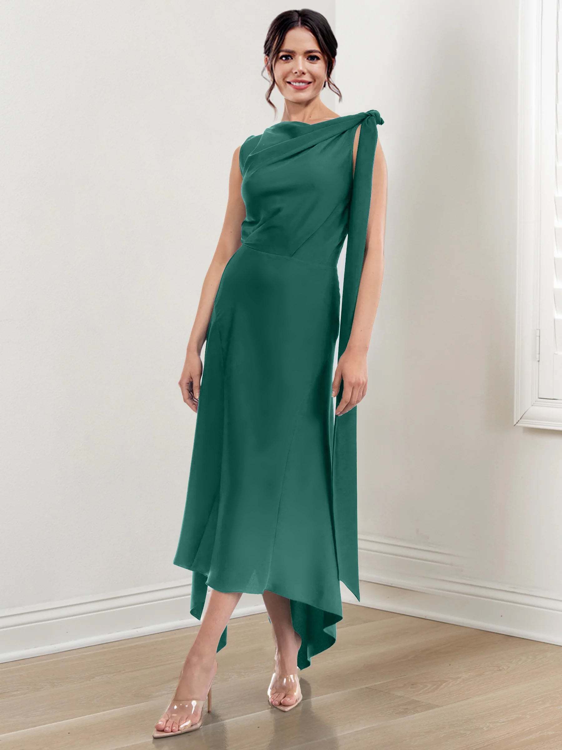 Asymmetrical Tea-Length Mother of the Bride Sheath Dress with Ruched Column Jewel Neck