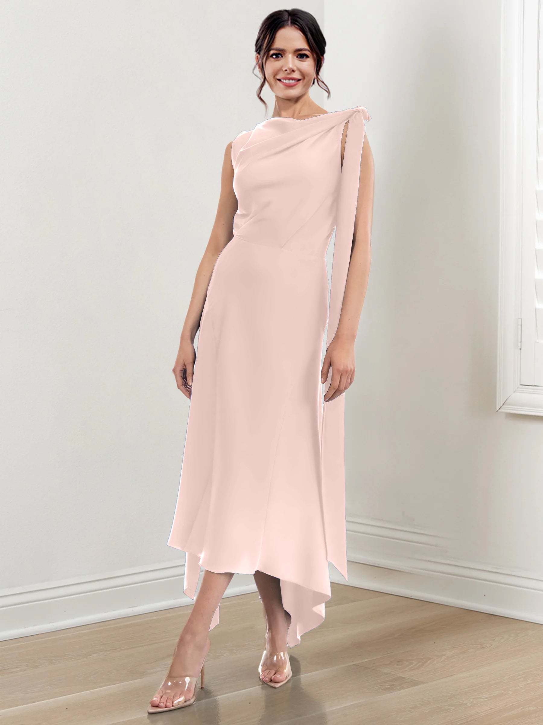 Asymmetrical Tea-Length Mother of the Bride Sheath Dress with Ruched Column Jewel Neck