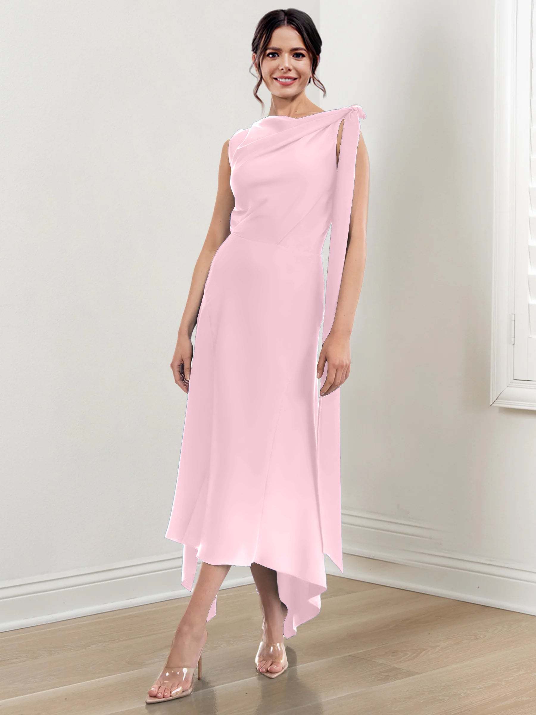 Asymmetrical Tea-Length Mother of the Bride Sheath Dress with Ruched Column Jewel Neck