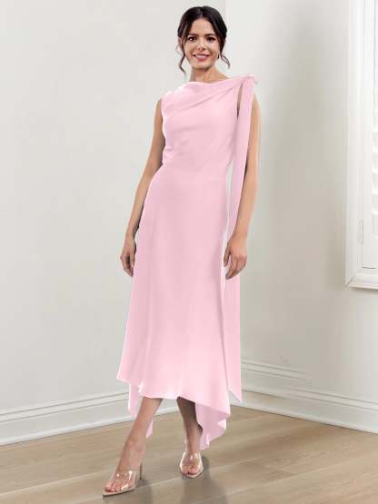 Asymmetrical Tea-Length Mother of the Bride Sheath Dress with Ruched Column Jewel Neck