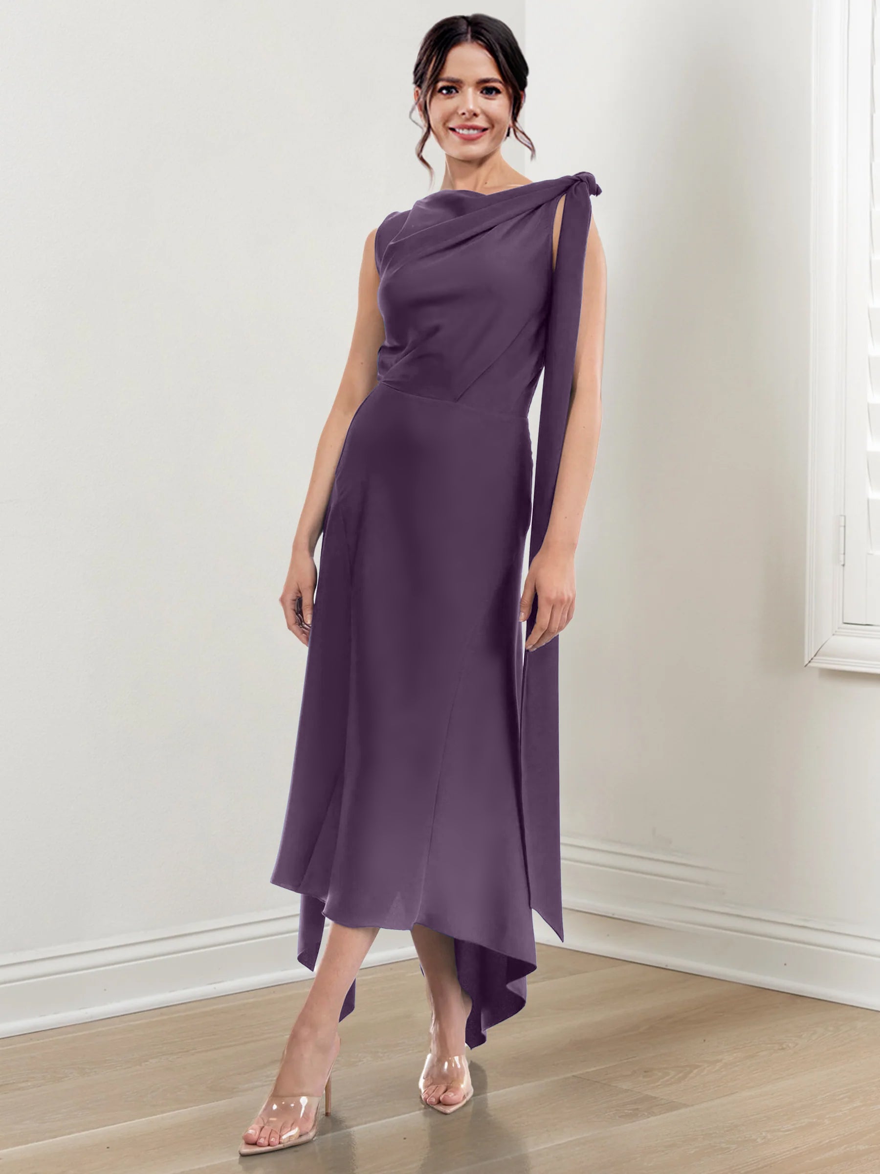 Asymmetrical Tea-Length Mother of the Bride Sheath Dress with Ruched Column Jewel Neck