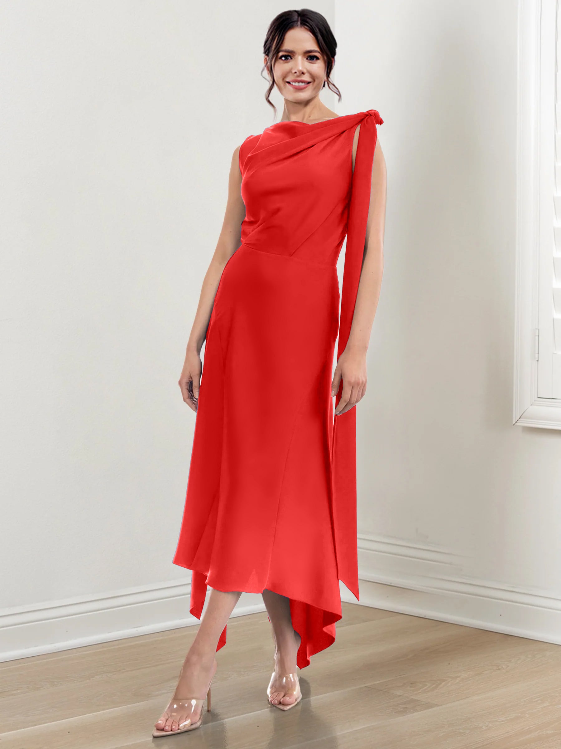 Asymmetrical Tea-Length Mother of the Bride Sheath Dress with Ruched Column Jewel Neck