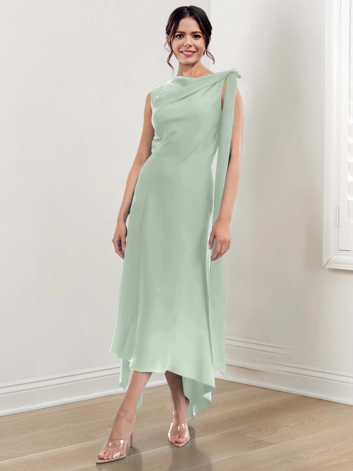 Asymmetrical Tea-Length Mother of the Bride Sheath Dress with Ruched Column Jewel Neck