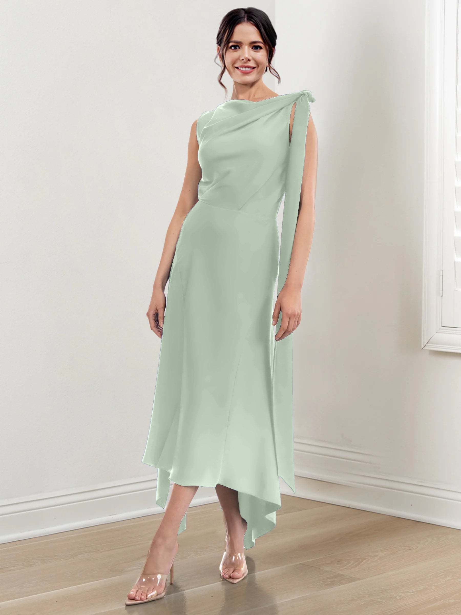 Asymmetrical Tea-Length Mother of the Bride Sheath Dress with Ruched Column Jewel Neck