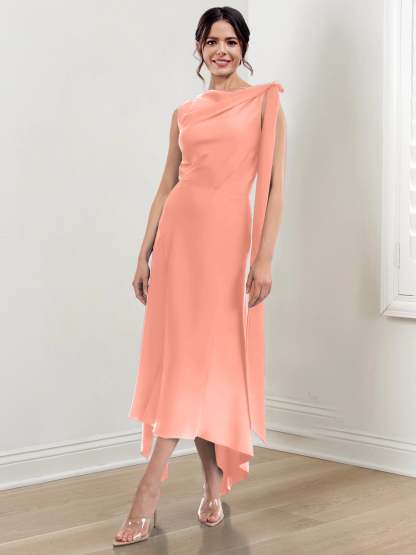Asymmetrical Tea-Length Mother of the Bride Sheath Dress with Ruched Column Jewel Neck