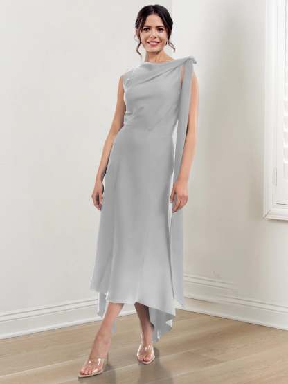 Asymmetrical Tea-Length Mother of the Bride Sheath Dress with Ruched Column Jewel Neck