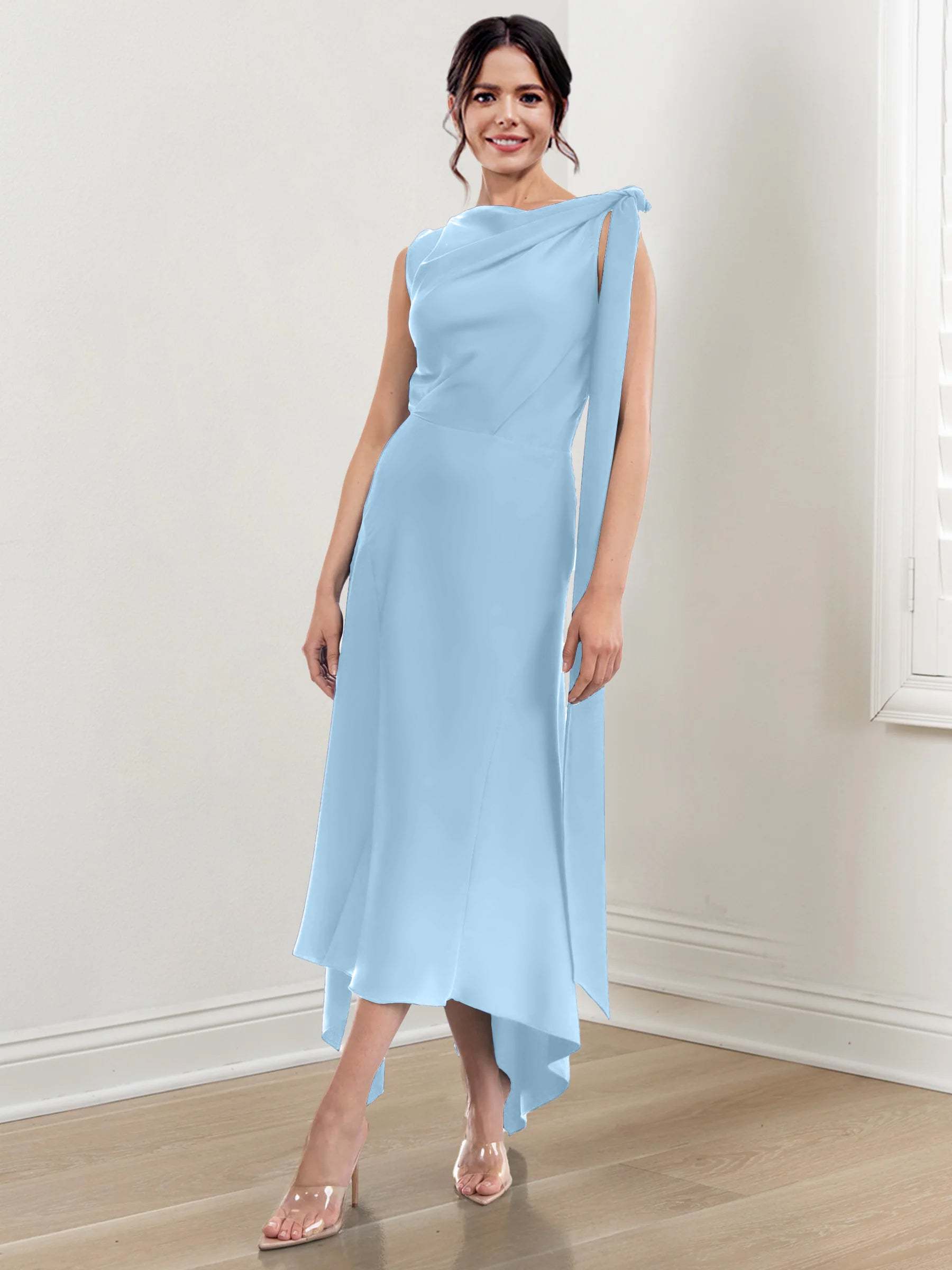 Asymmetrical Tea-Length Mother of the Bride Sheath Dress with Ruched Column Jewel Neck